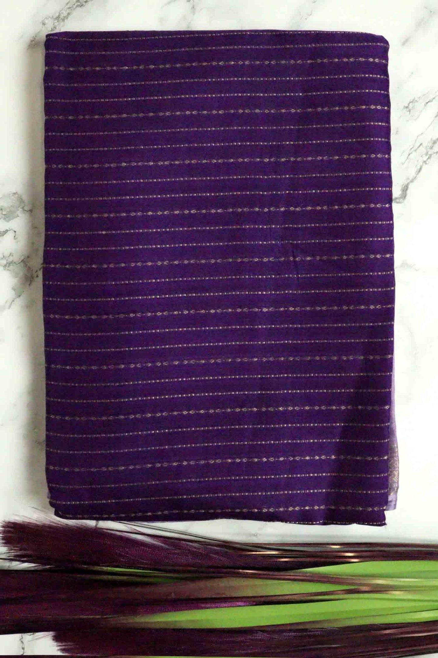 DCMS42 | Purple Mysore Crepe Silk Saree with Light Pastel Purple & Golden Zari Gap Border