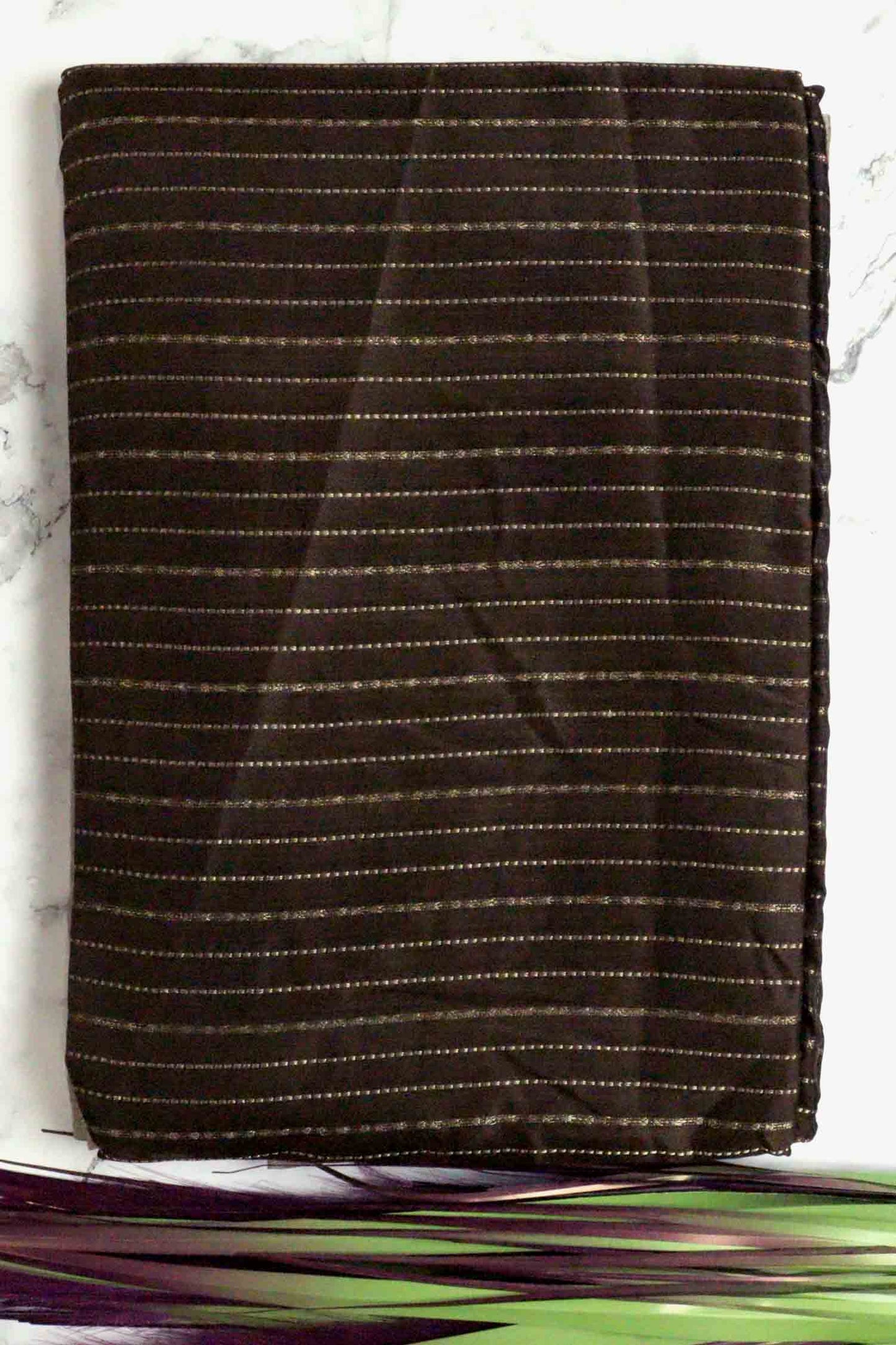 DCMS41 | Chocolate Mysore Crepe Silk Saree with Light Greyish-Orange & Golden Zari Gap Border