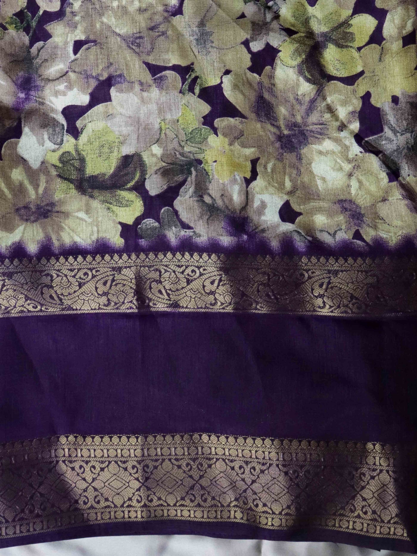 Dark Purple Fancy Silk Saree With Jacquard Gap Border and Beautiful Floral Print