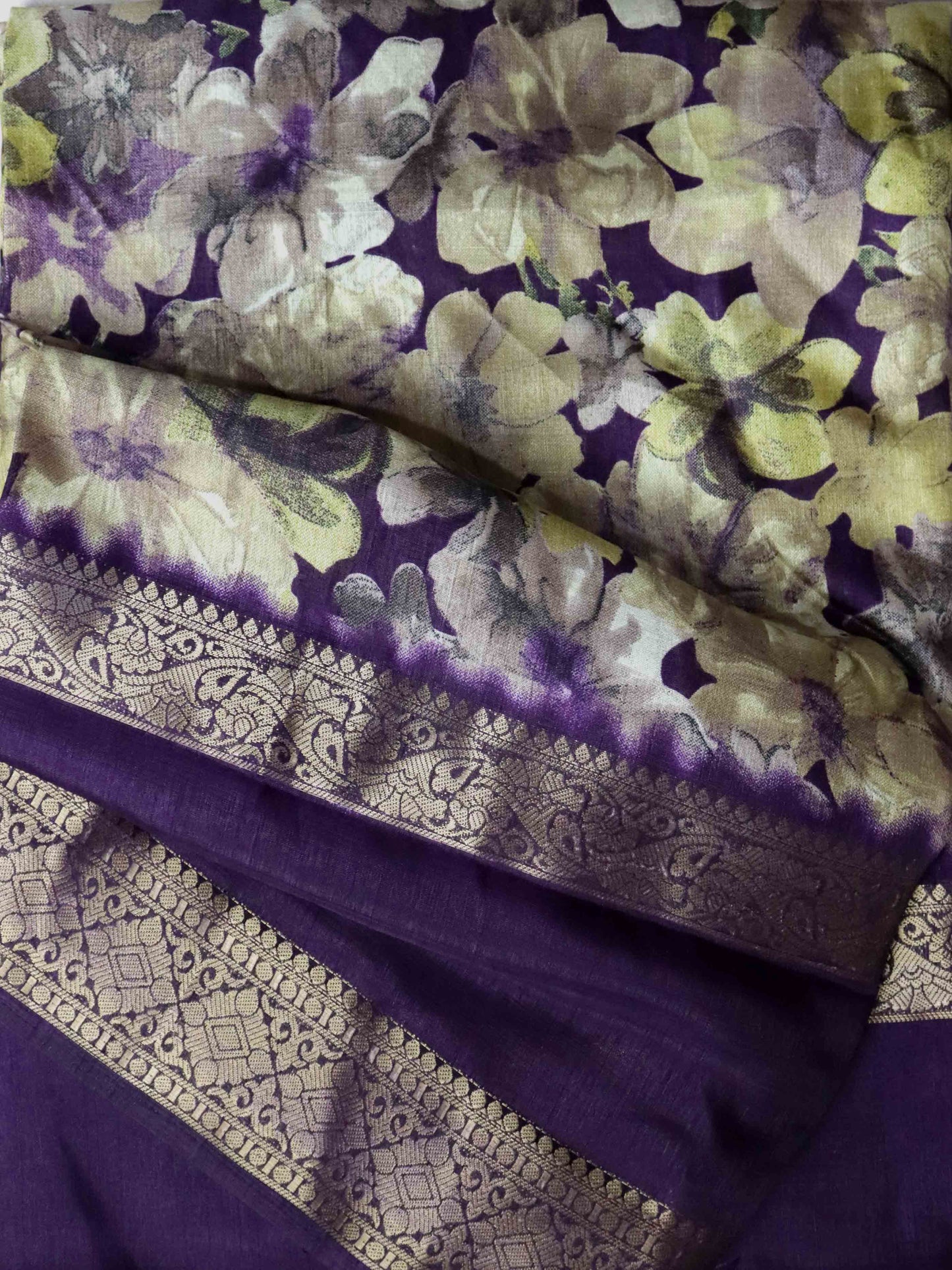 Dark Purple Fancy Silk Saree With Jacquard Gap Border and Beautiful Floral Print