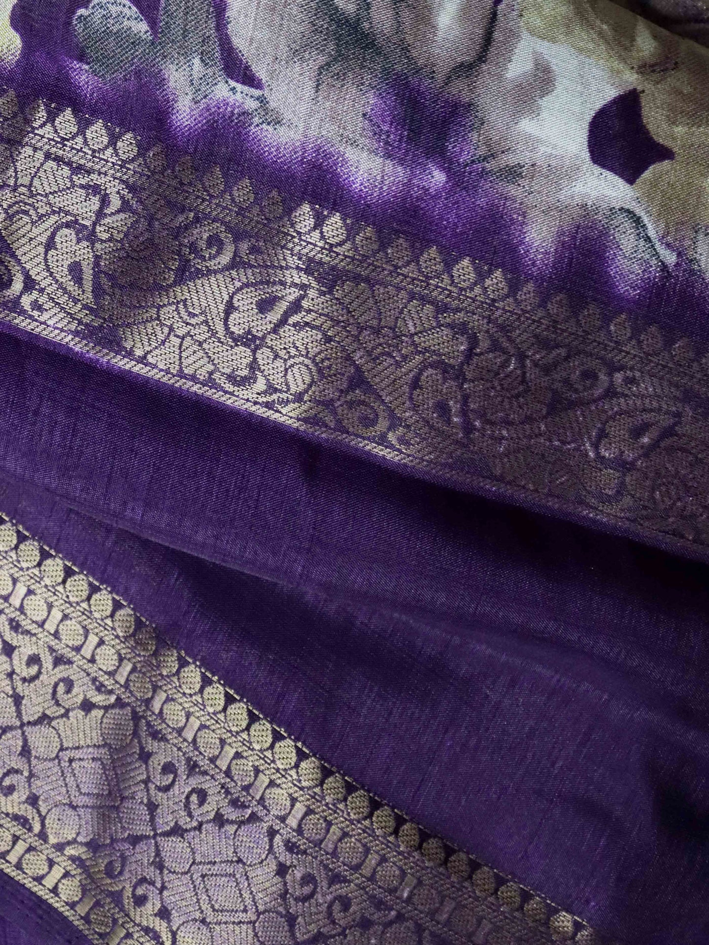Dark Purple Fancy Silk Saree With Jacquard Gap Border and Beautiful Floral Print