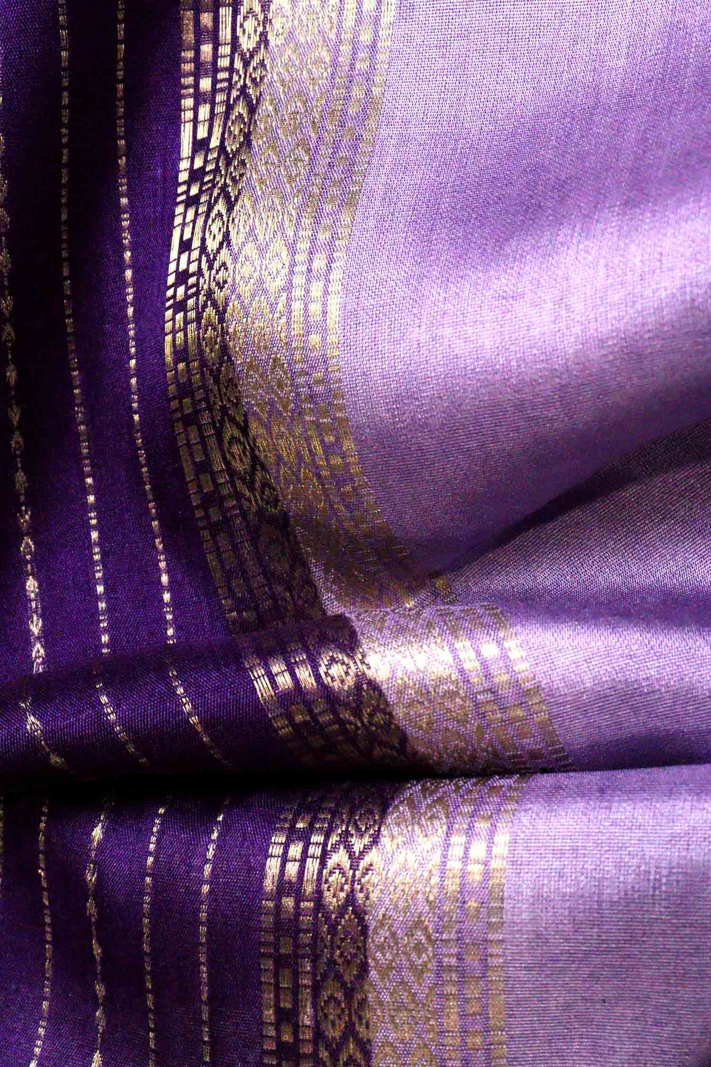 DCMS42 | Purple Mysore Crepe Silk Saree with Light Pastel Purple & Golden Zari Gap Border