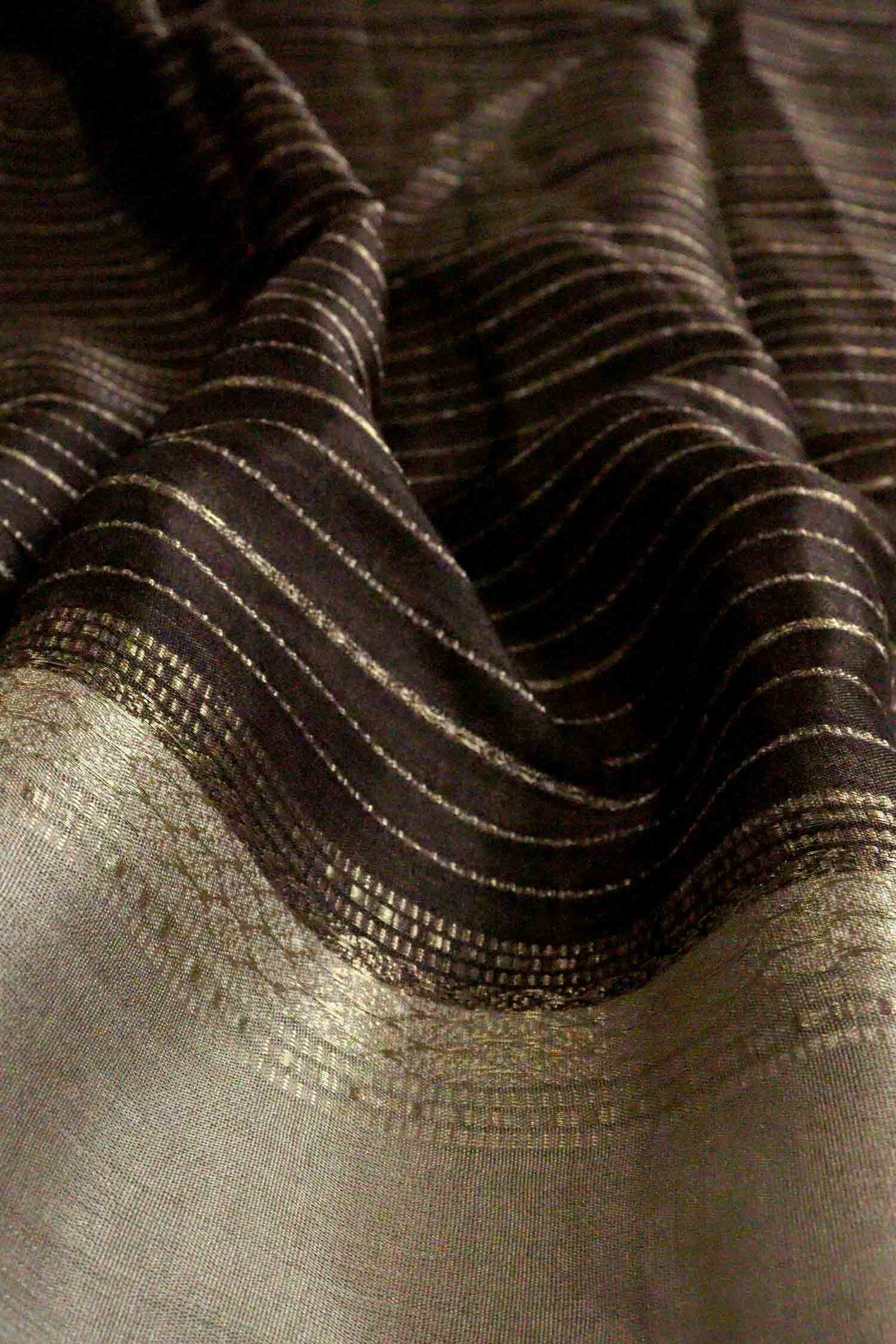 DCMS41 | Chocolate Mysore Crepe Silk Saree with Light Greyish-Orange & Golden Zari Gap Border