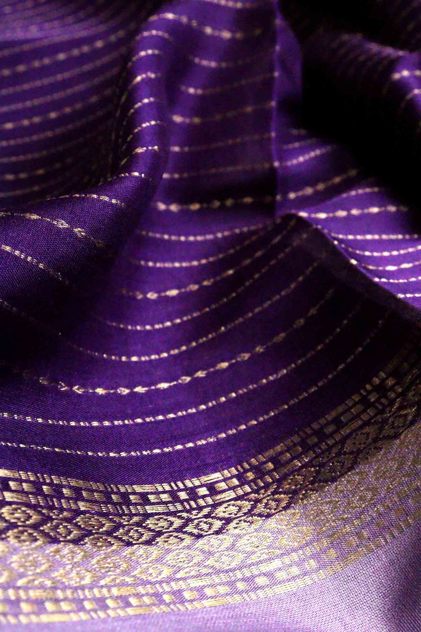 DCMS42 | Purple Mysore Crepe Silk Saree with Light Pastel Purple & Golden Zari Gap Border