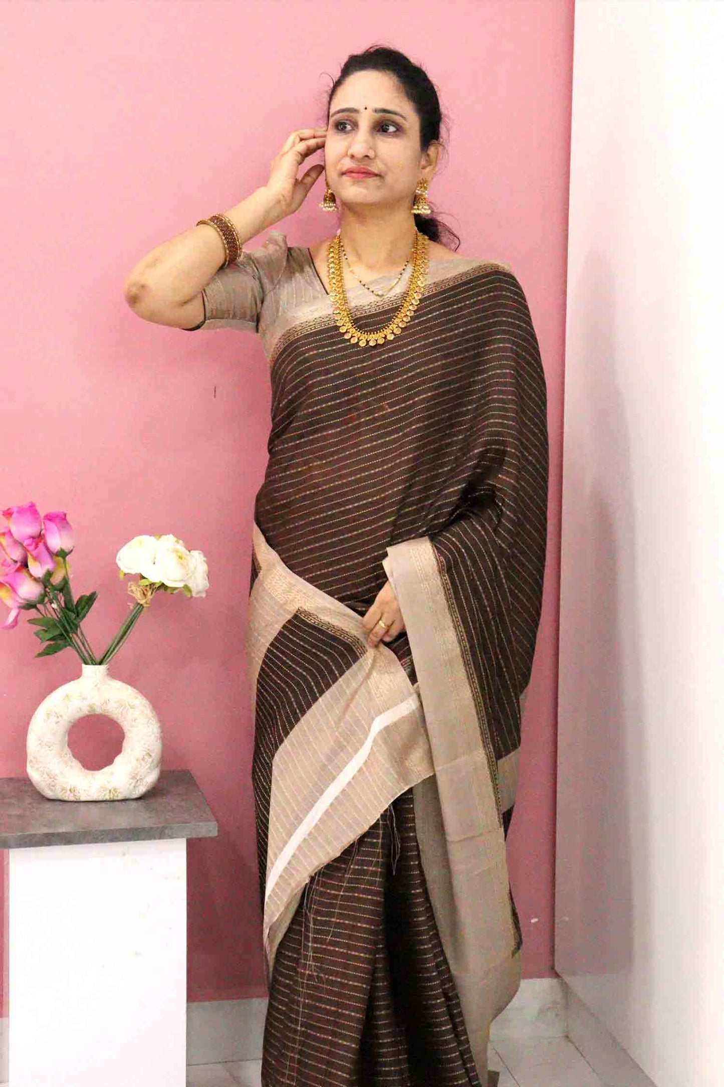 DCMS41 | Chocolate Mysore Crepe Silk Saree with Light Greyish-Orange & Golden Zari Gap Border