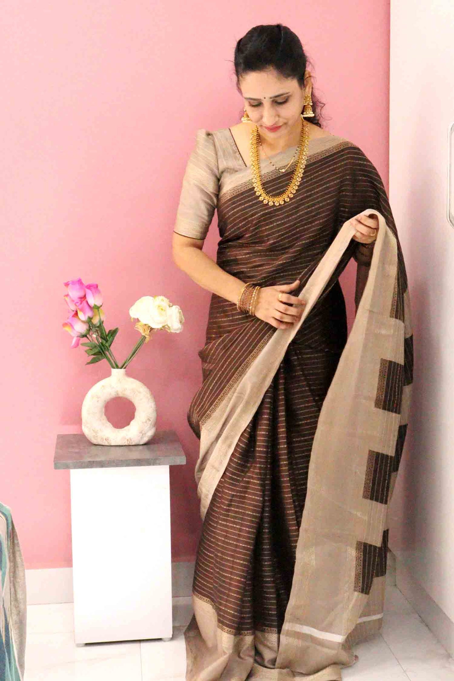 DCMS41 | Chocolate Mysore Crepe Silk Saree with Light Greyish-Orange & Golden Zari Gap Border