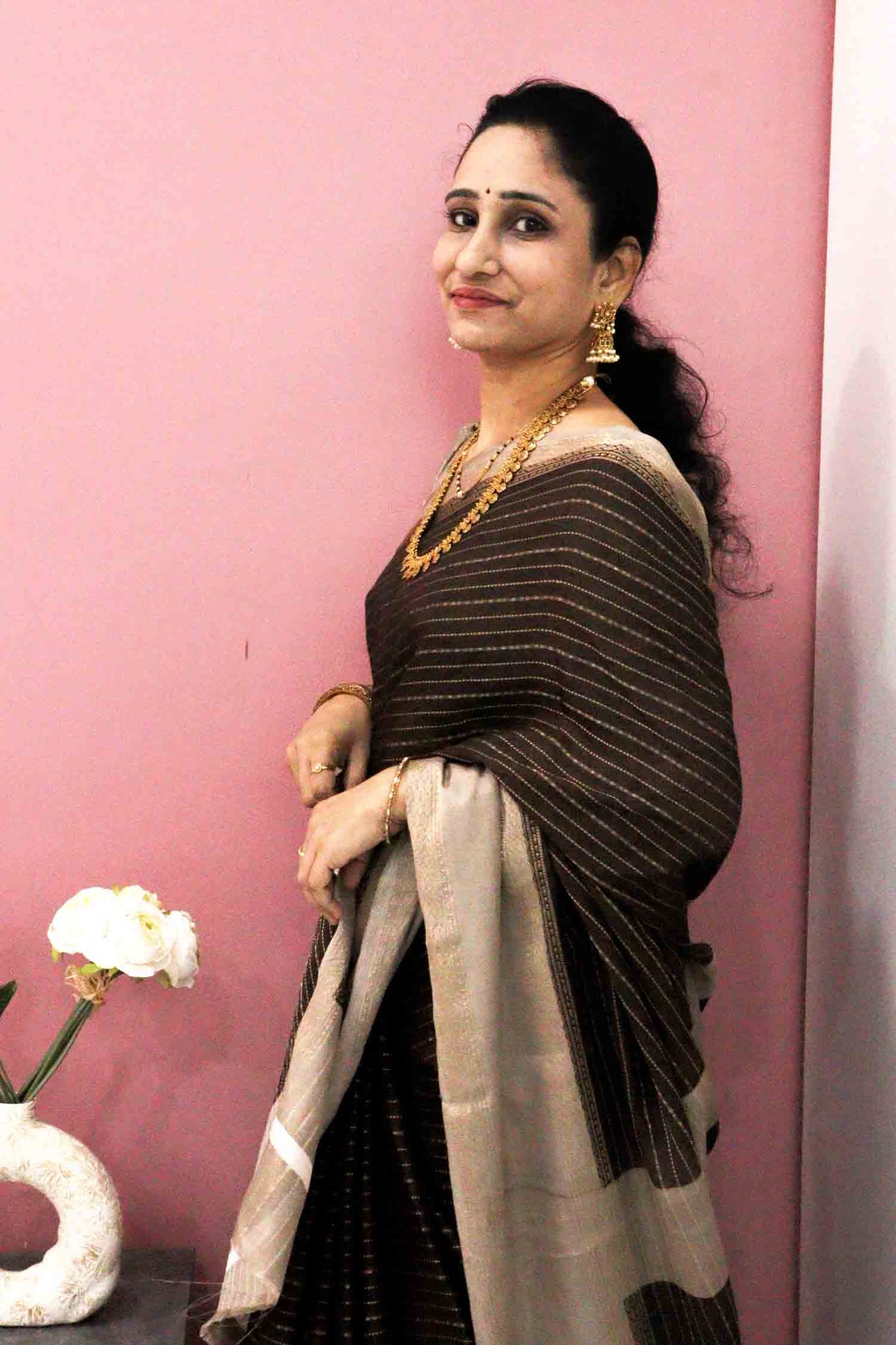 DCMS41 | Chocolate Mysore Crepe Silk Saree with Light Greyish-Orange & Golden Zari Gap Border