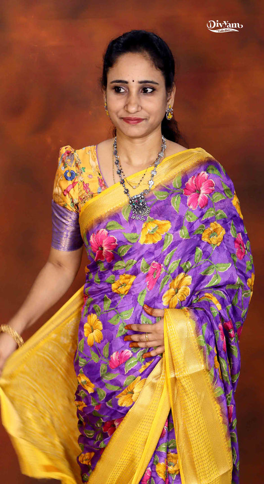 DC276 | Dull Moss Georgette Saree with Floral Print & Glitter Highlights