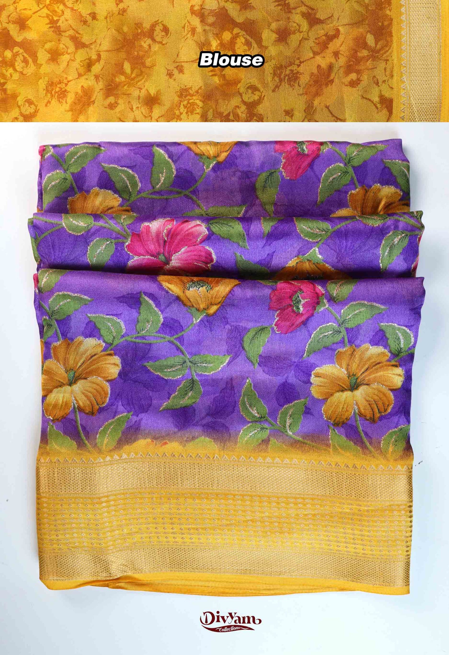 DC276 | Dull Moss Georgette Saree with Floral Print & Glitter Highlights