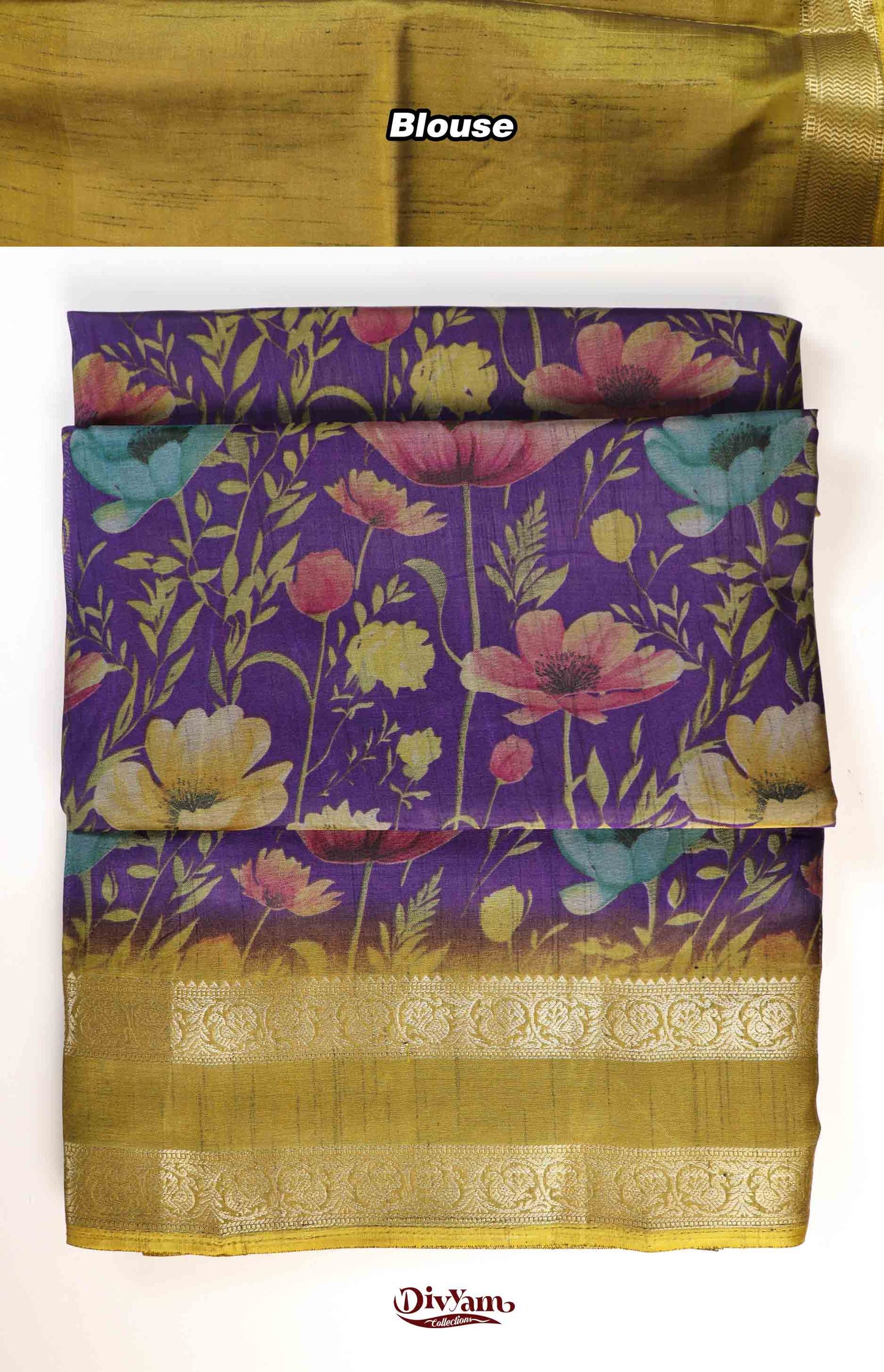 DC215 | Fancy Soft Silk Saree with Floral Print & Gap Border