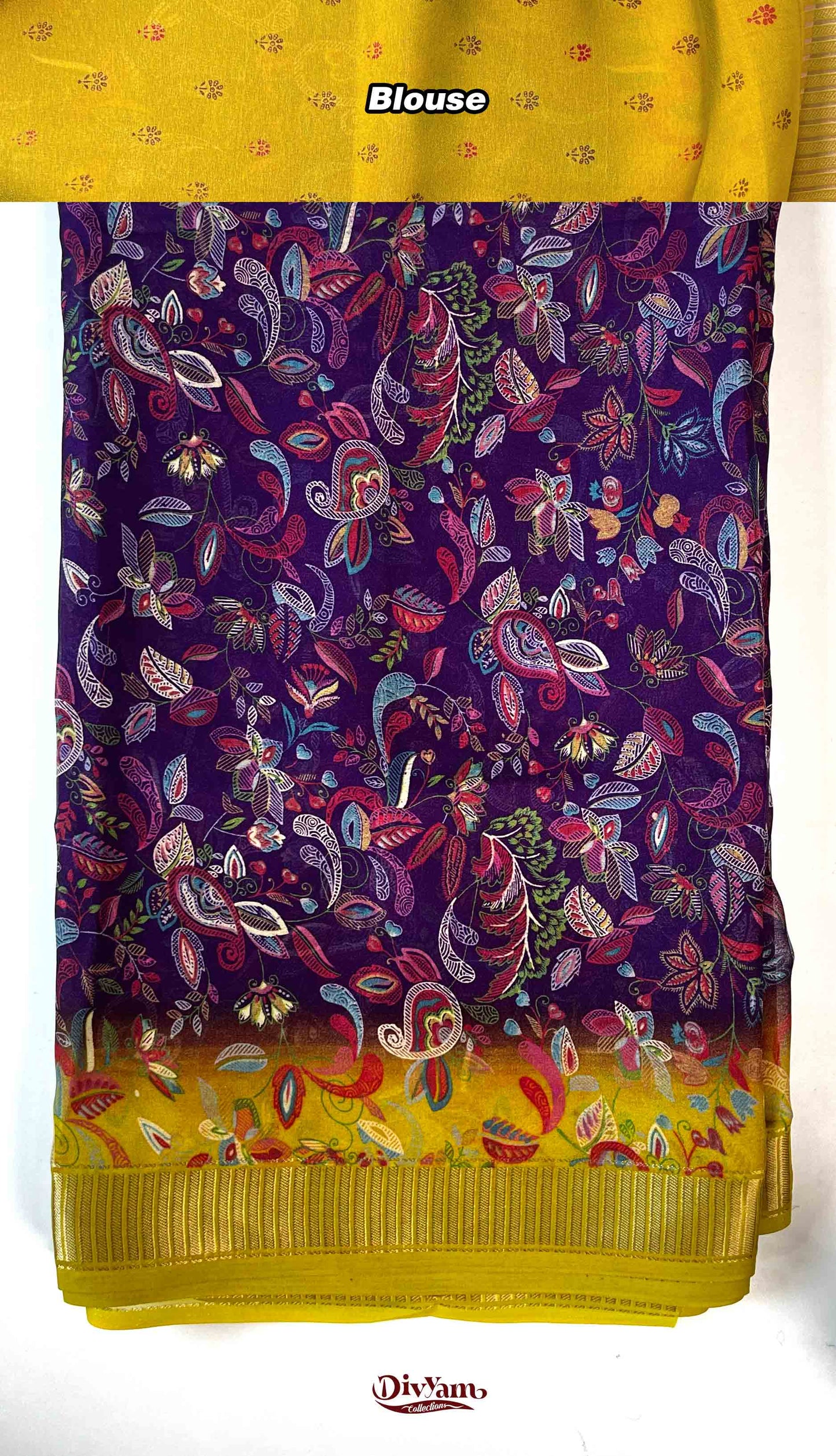 DC188 | Soft Georgette Kalamkari Print Saree with Jari Piping Border & Contrast Blouse