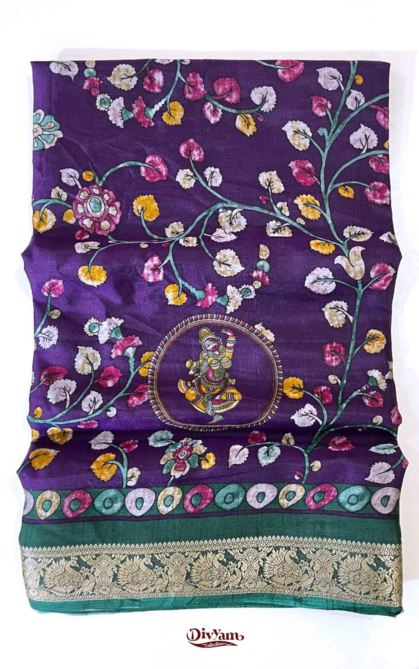 DC113 | Maheshwari Silk Saree with Kalamkari Print & Narayanapattu Hamsa Border | Running Blouse | 6 Colours