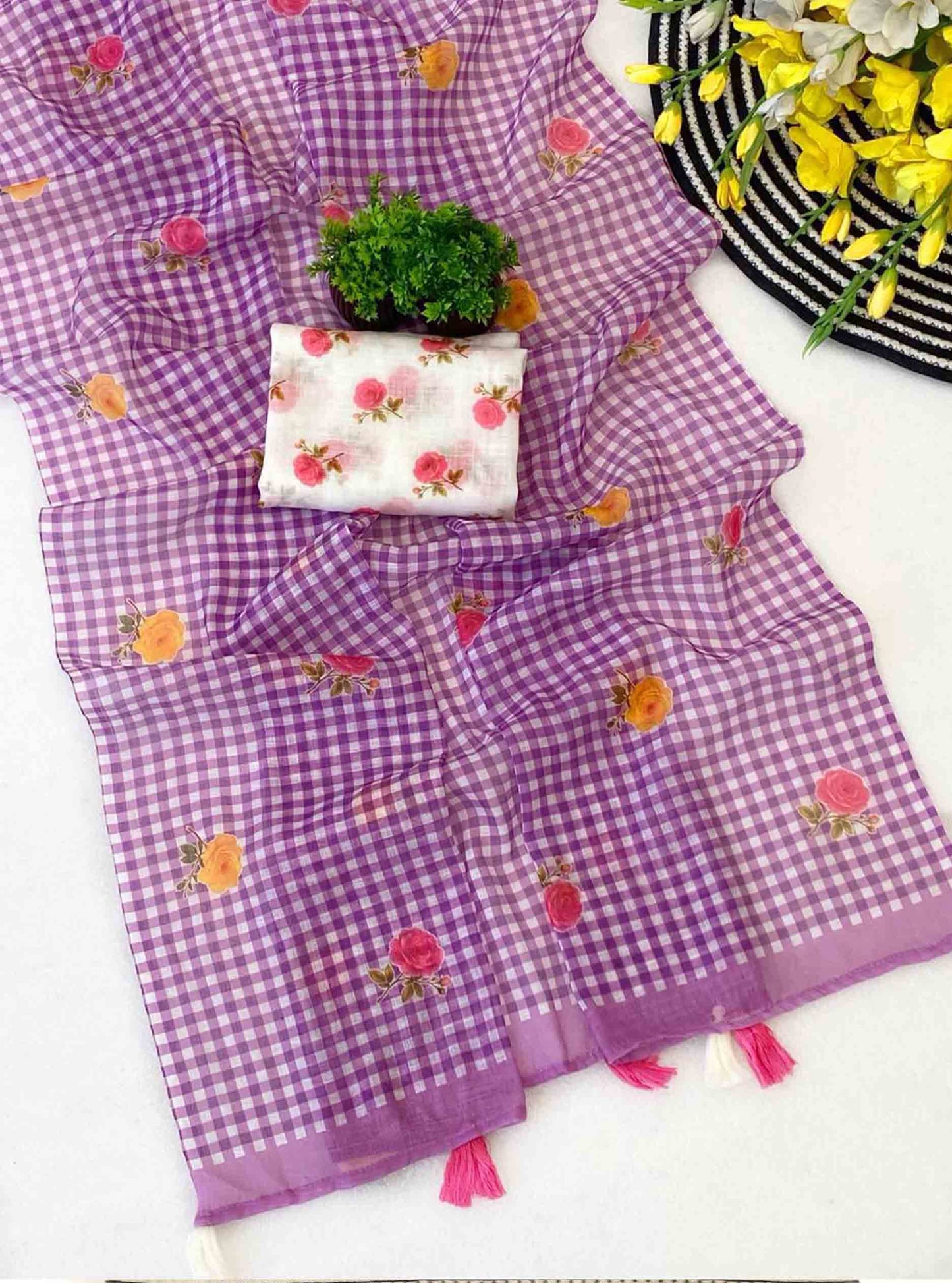 DC178 | Jute Linen Checks Saree with Floral Motifs & Printed White Blouse | Trending Collection