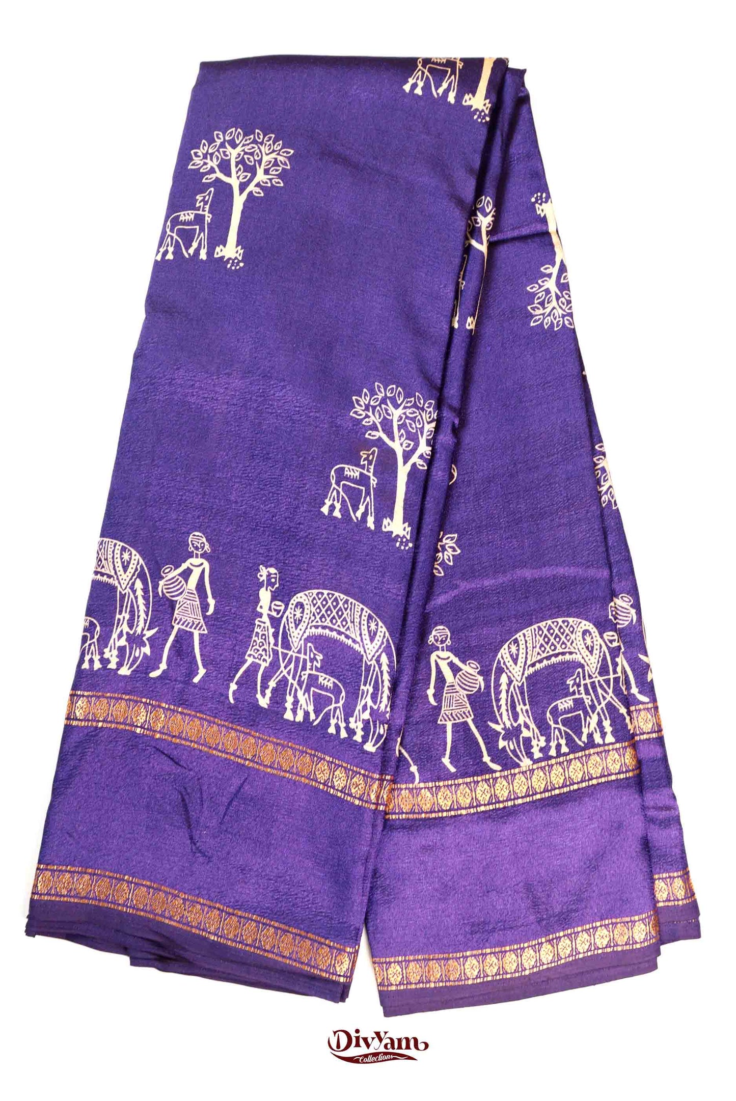DC232 | Fancy Soft Silk Saree with Warli Adivasi Design & Zari Gap Border