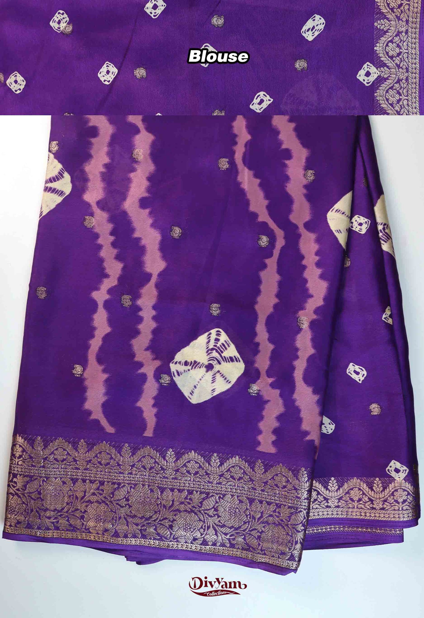 DC275 | Soft Chinon Crepe Silk Saree with Bandhini Shibori Design & Gold Zari Border