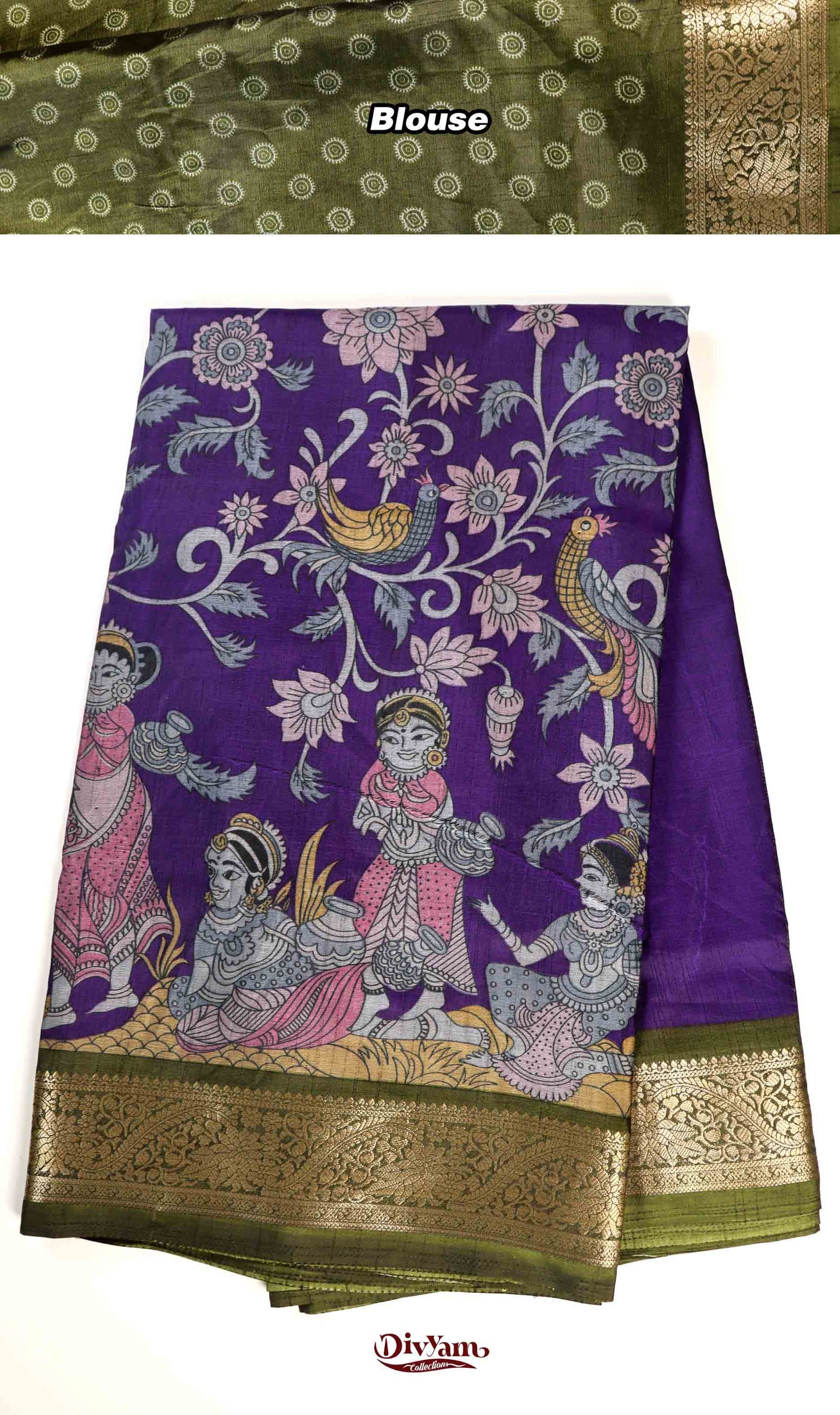 DC234 | Maheshwari Silk Saree with Floral & Dancing Dolls Kalamkari Design | Flora Zari Border