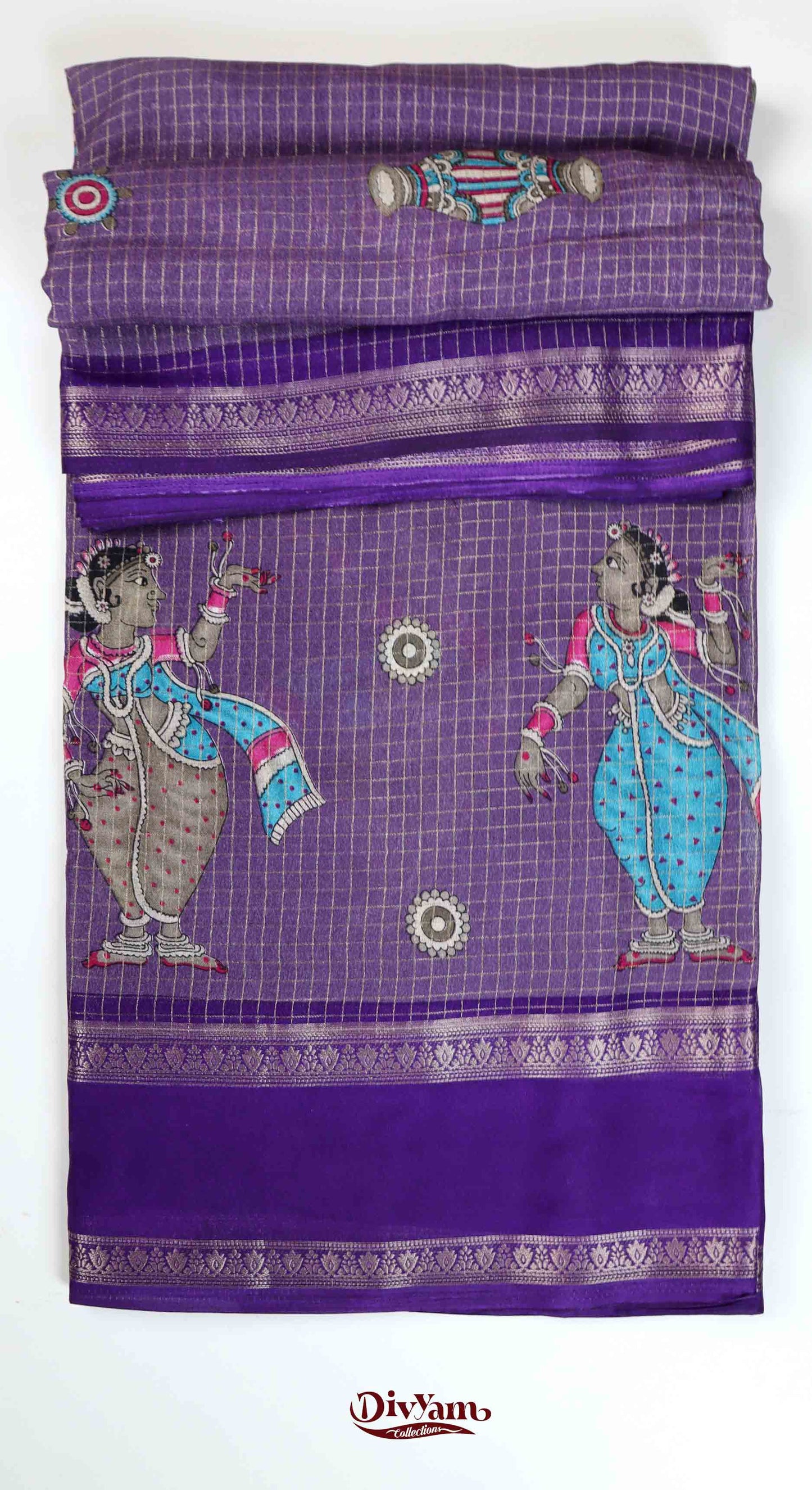 DC148 | Fancy georgette Silk Pattachitra Saree with Dancing Women Motifs & Premium Gap Border