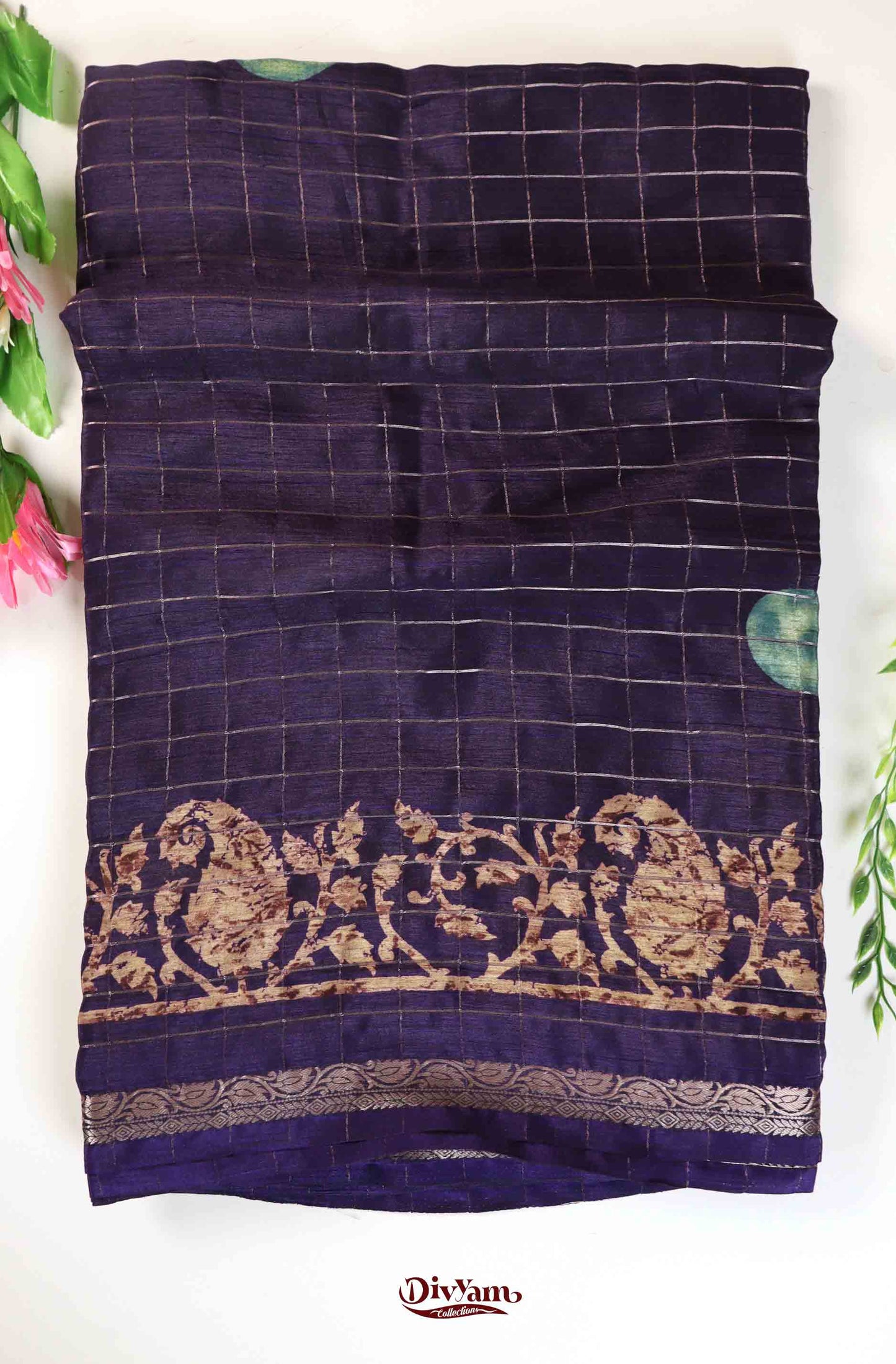 DC225 | Premium Chinon Crêpe Saree with Jari Checks & Floral Accents