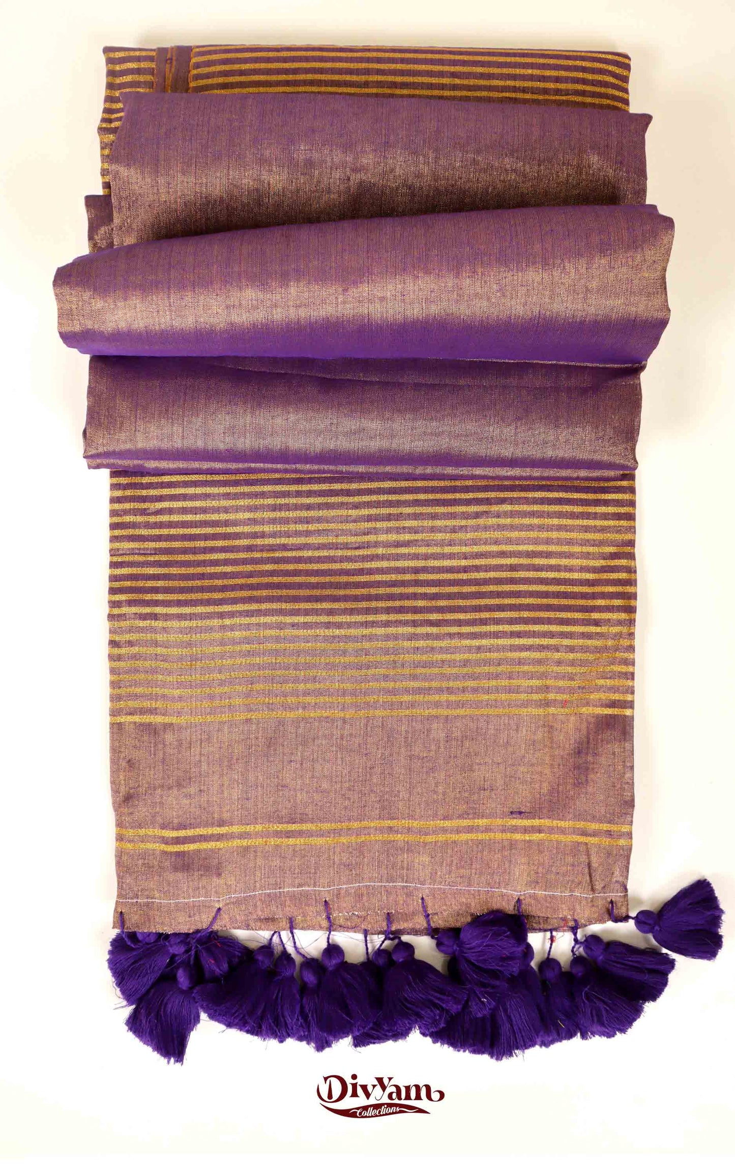 DC166 | Tissue Linen Saree with Golden Zari & Pom-Pom Tassels | Lightweight Festive Wear Saree