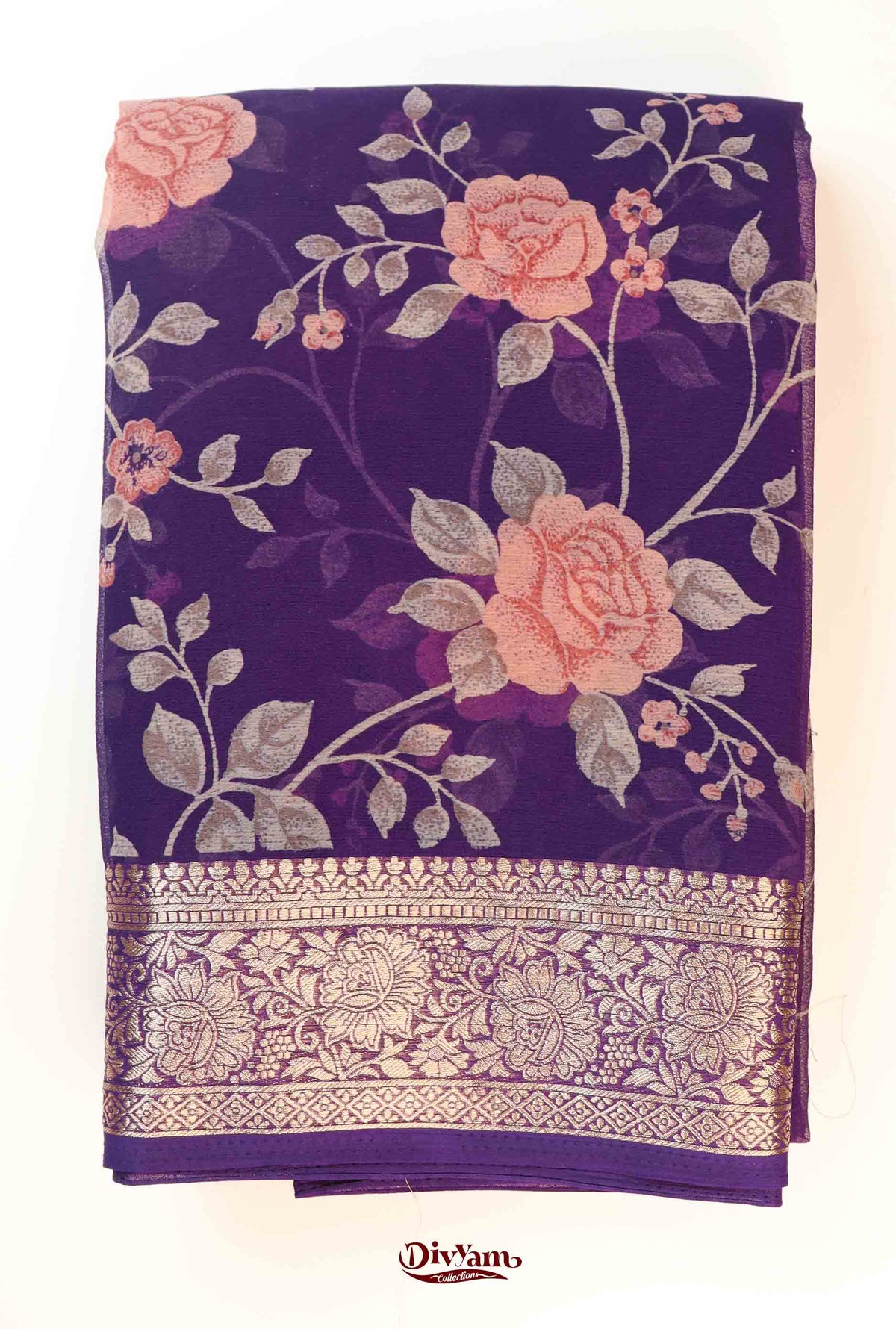 DC278 | Premium Chiffon Saree with Rose Floral Print & Rich Jari Border
