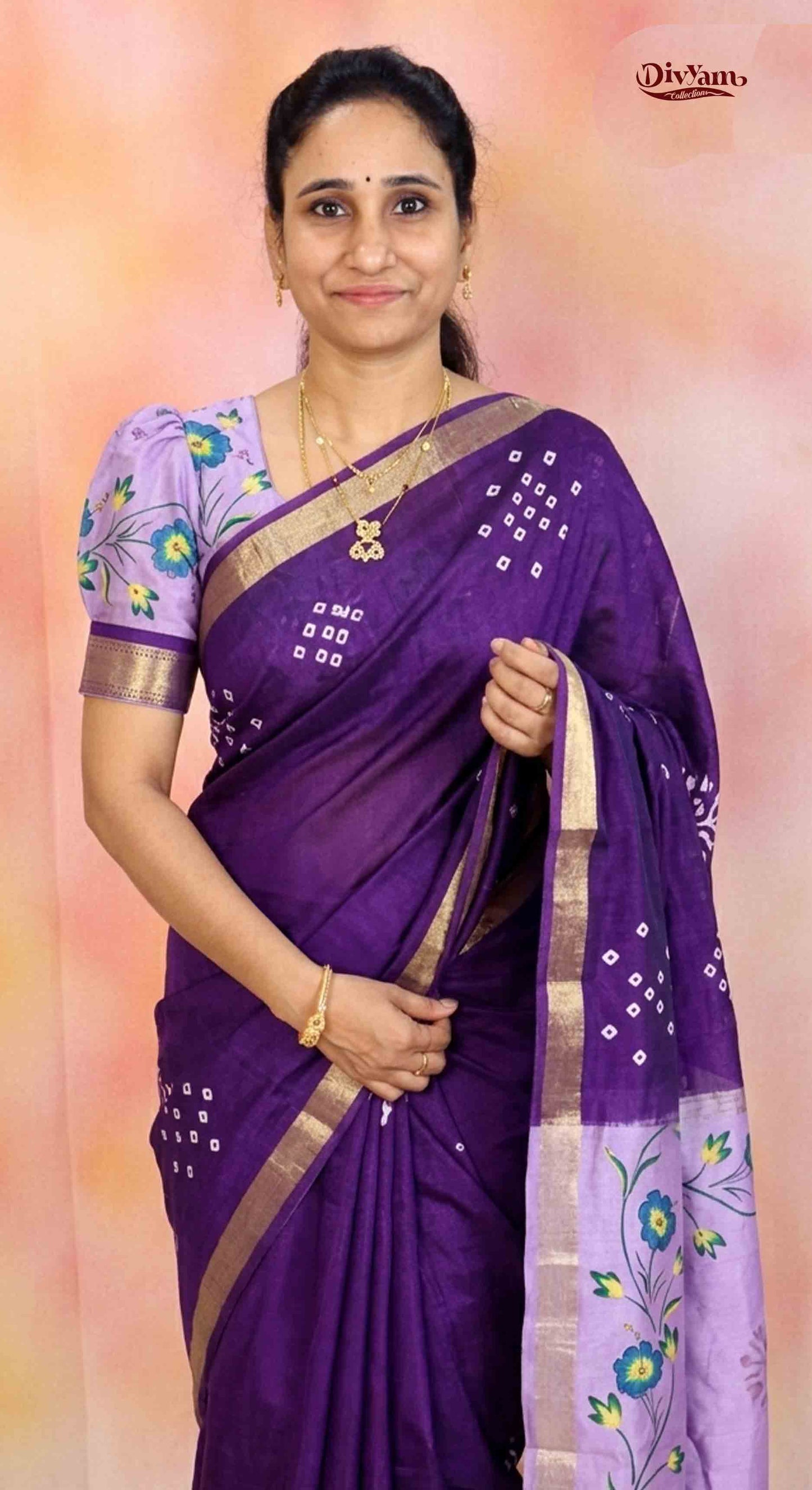 DC191 | Cotton Silk Blend Bandini Print Saree with Floral Brush Blouse