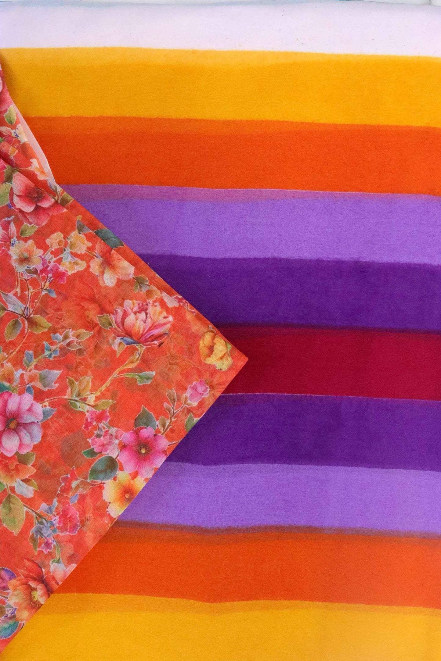 DCGE74 Rainbow Striped Georgette Saree with Floral Fancy Silk Design & Orange Hues