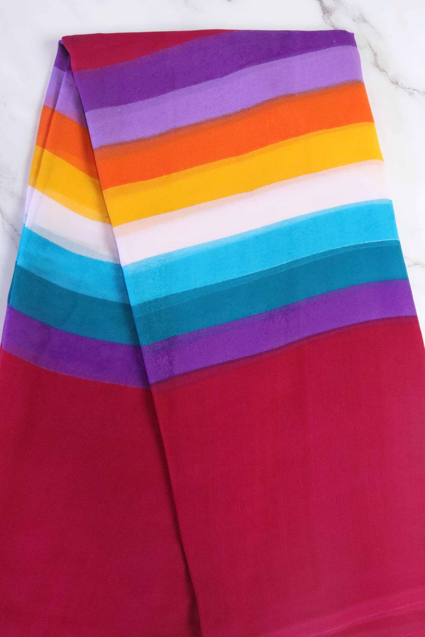 DCGE74 Rainbow Striped Georgette Saree with Floral Fancy Silk Design & Orange Hues