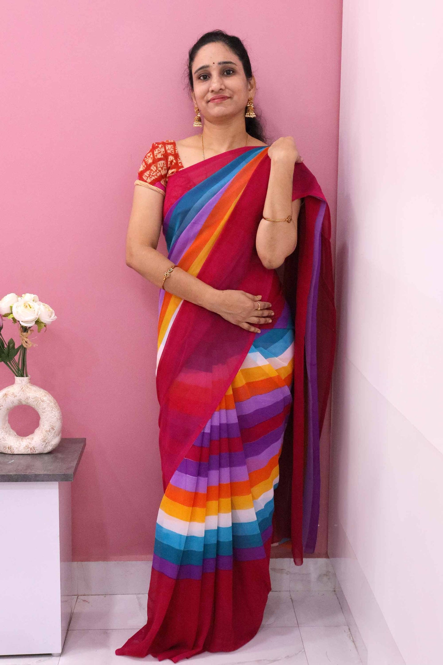 DCGE74 Rainbow Striped Georgette Saree with Floral Fancy Silk Design & Orange Hues