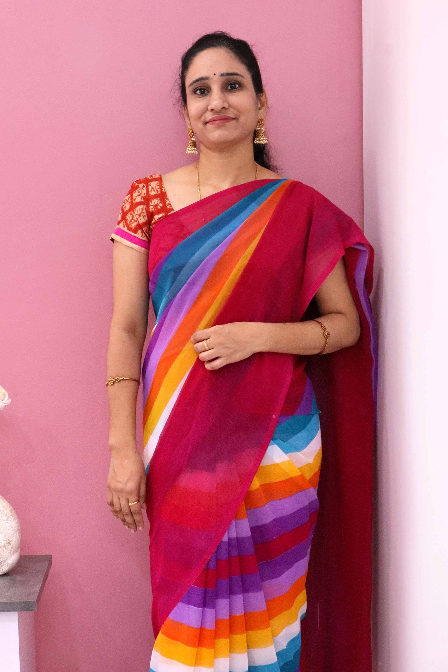 DCGE74 Rainbow Striped Georgette Saree with Floral Fancy Silk Design & Orange Hues