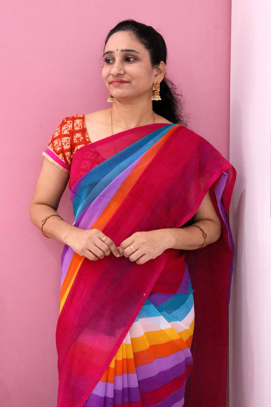 DCGE74 Rainbow Striped Georgette Saree with Floral Fancy Silk Design & Orange Hues