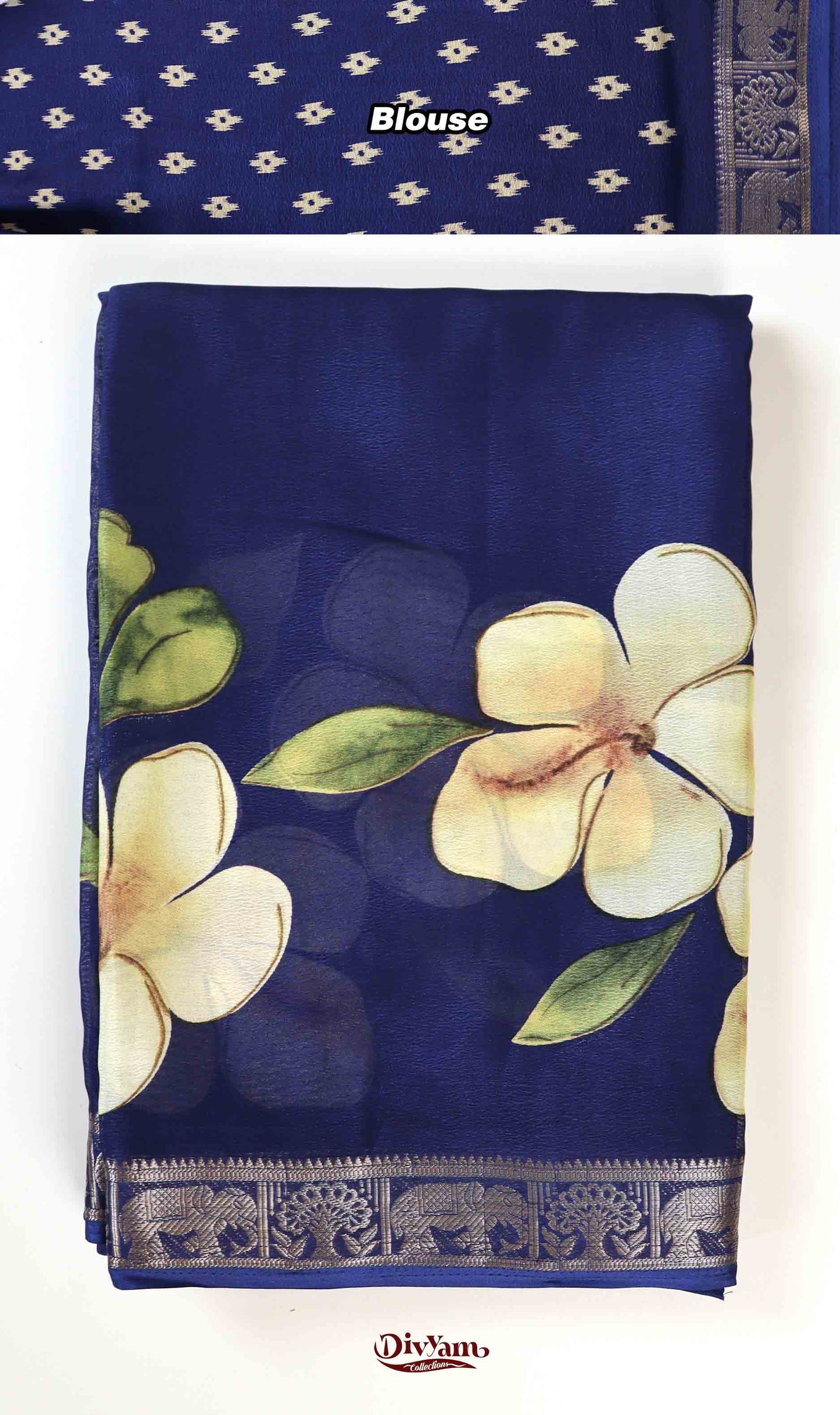 DC233 | Crepe Silk Saree with Mangalagiri Floral Digital Print & Piping Zari Border