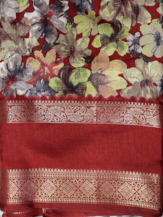 Red Colour Fancy Silk Saree With Jacquard Gap Border and Beautiful Floral Print
