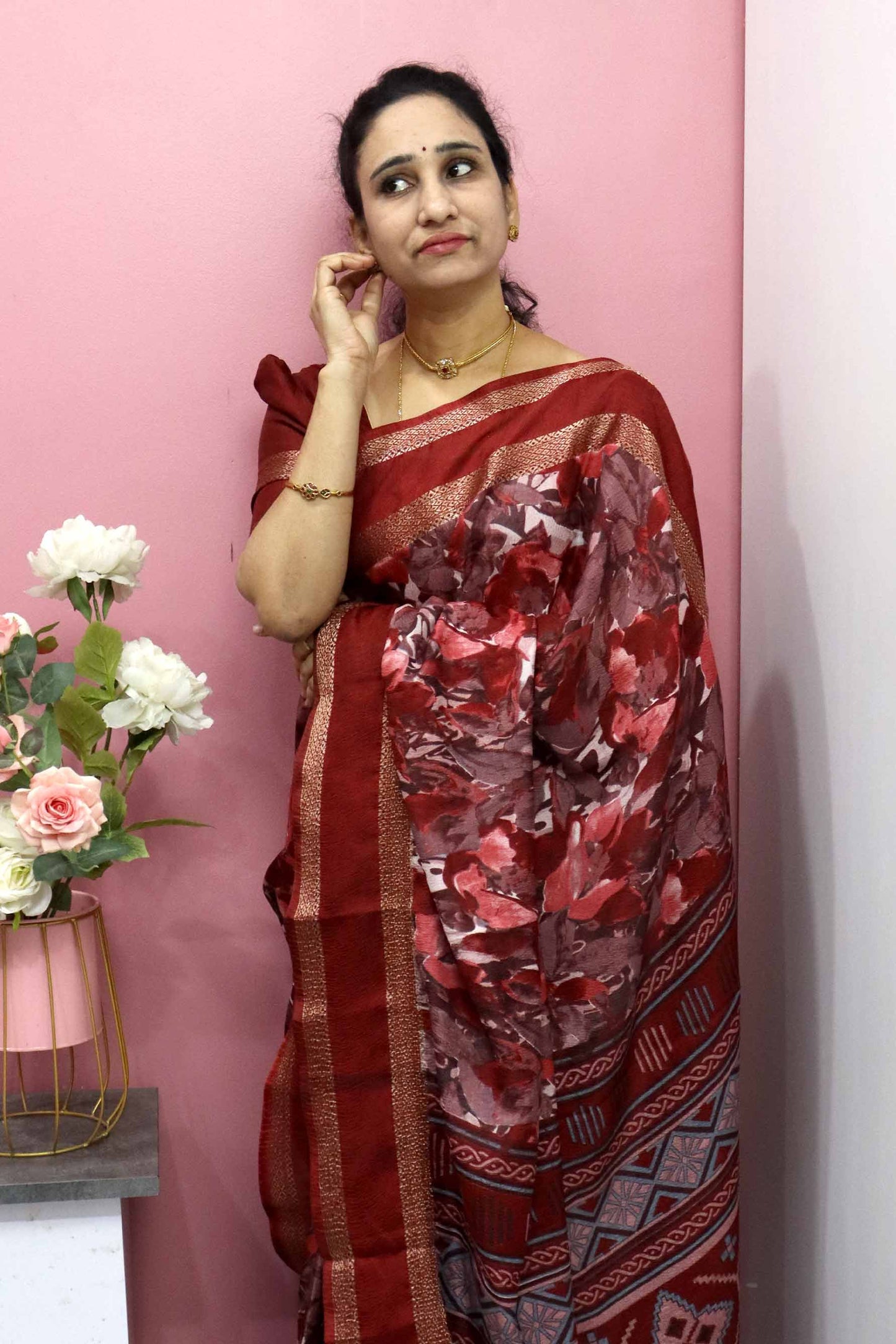 DC104 | Fancy Crushed Silk Saree with Contrast Gap Border & Running Blouse | Premium Soft Lightweight Saree