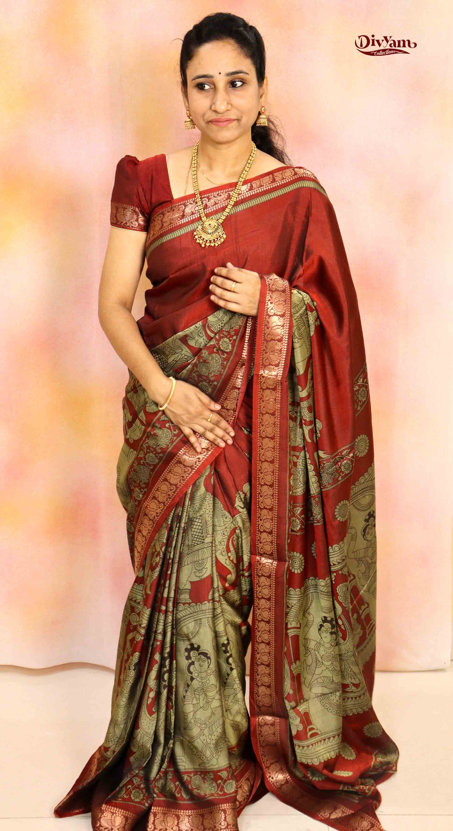 DC198 | Maheshwari Silk Pen Kalamkari Saree with Narayanpet Border