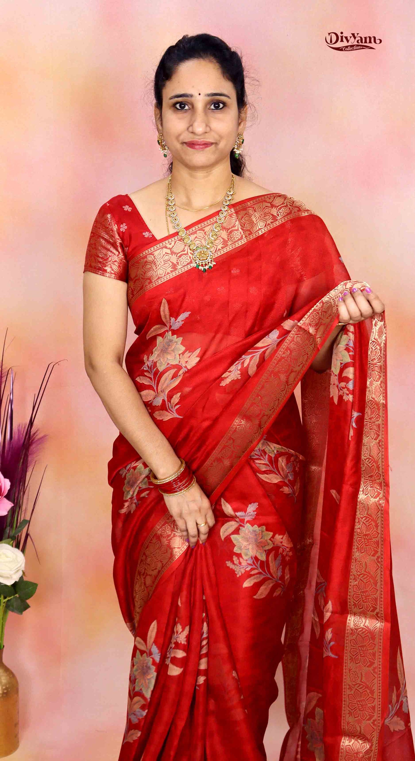 DC236 | Fancy Georgette Saree with Self Floral Weaving & Premium Zari Border