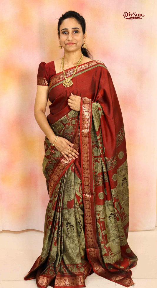 DC198 | Maheshwari Silk Pen Kalamkari Saree with Narayanpet Border