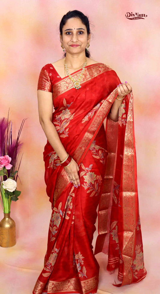 DC236 | Fancy Georgette Saree with Self Floral Weaving & Premium Zari Border