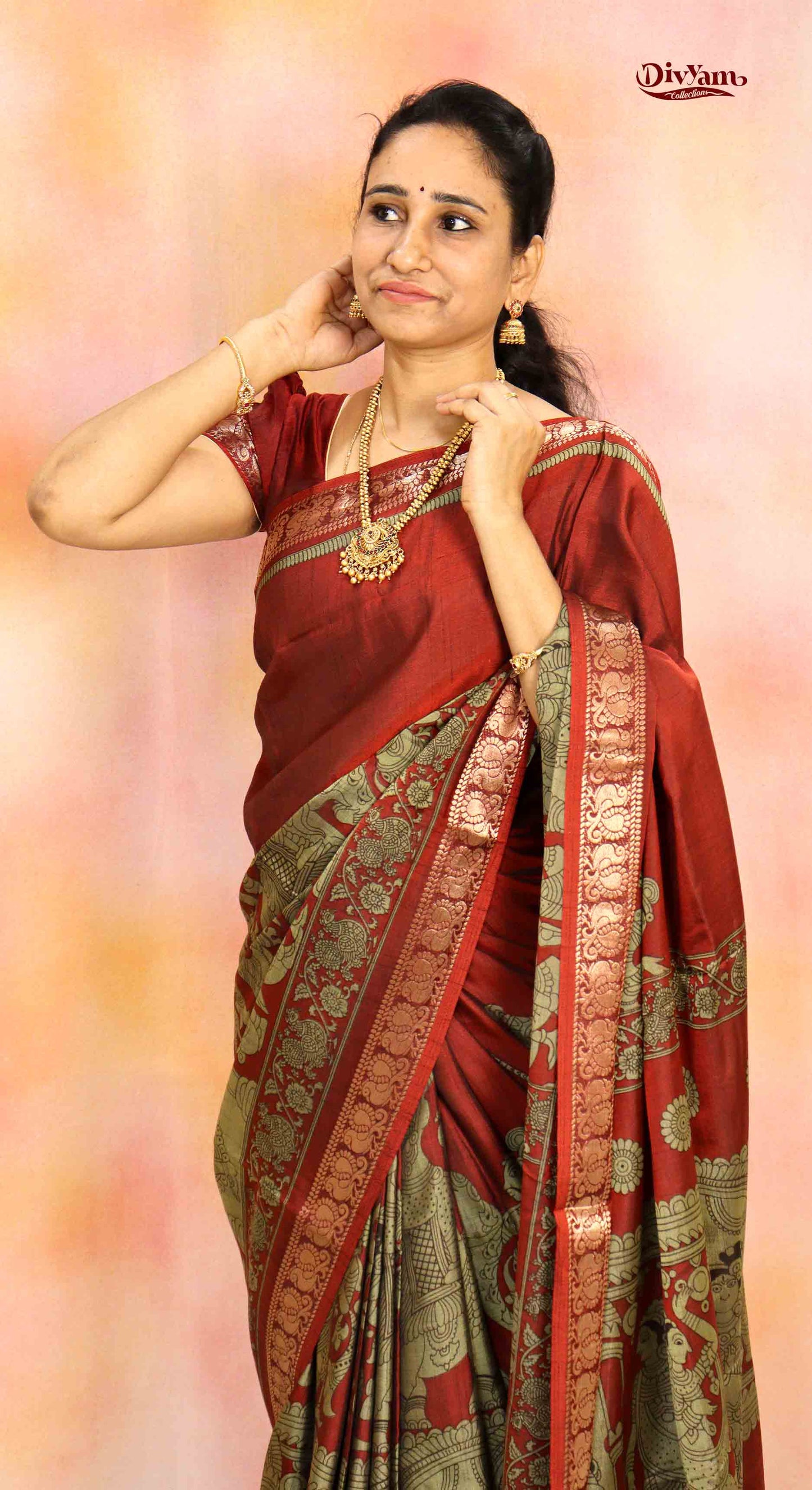 DC198 | Maheshwari Silk Pen Kalamkari Saree with Narayanpet Border