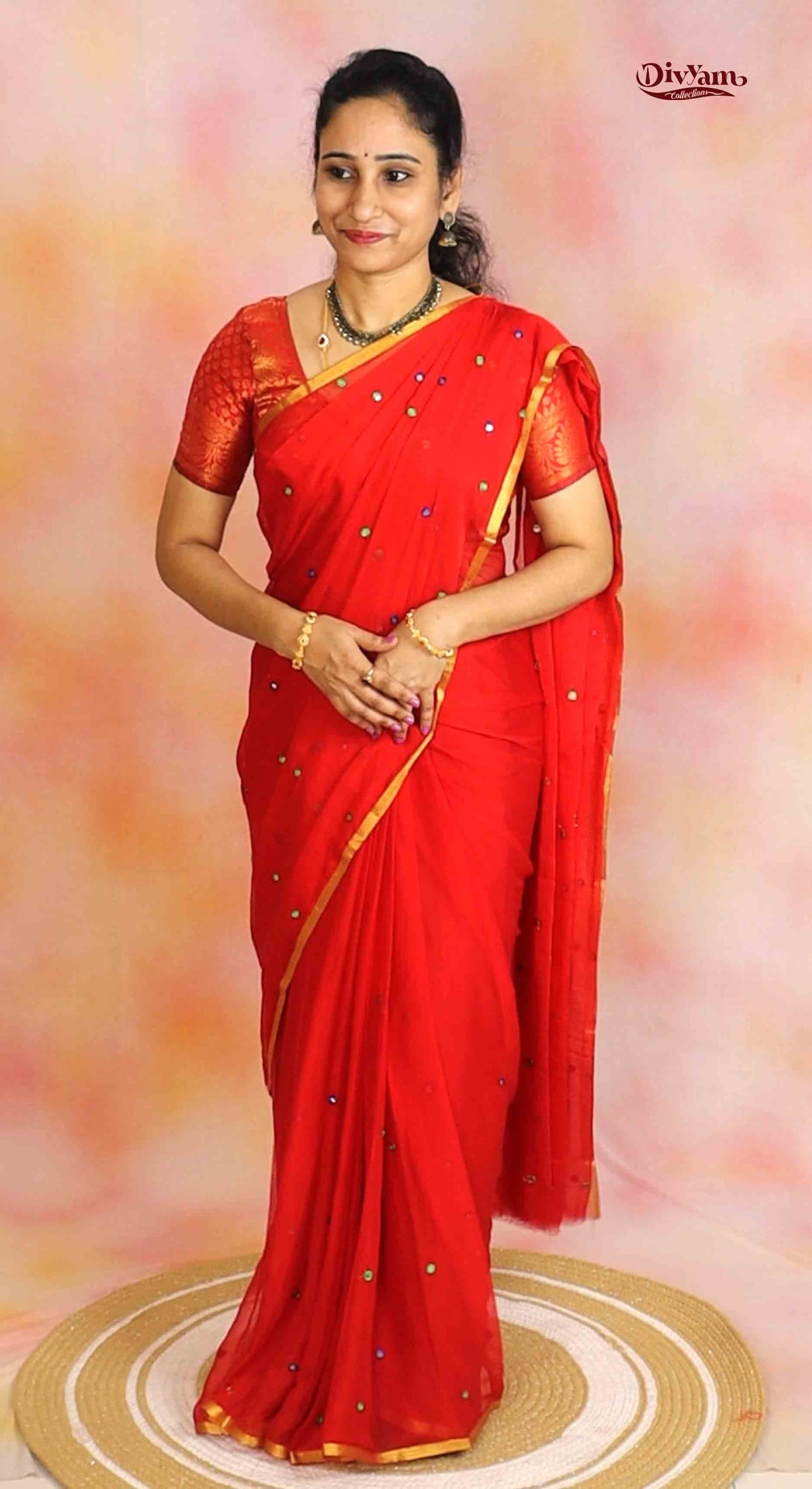DC304 | Budget Plain Saree with Mirror Work, Piping & Golden Zari Border, ( No Blouse )