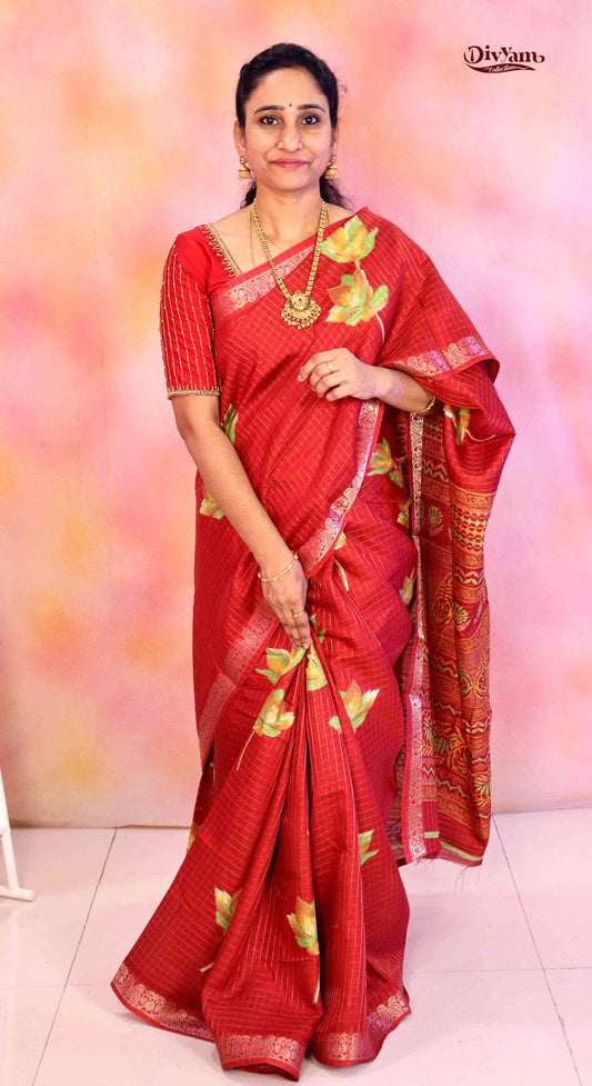 DC183 | Mangalagiri-Inspired Style | Dola Silk Jari Checks Saree with Floral Print & Running Blouse