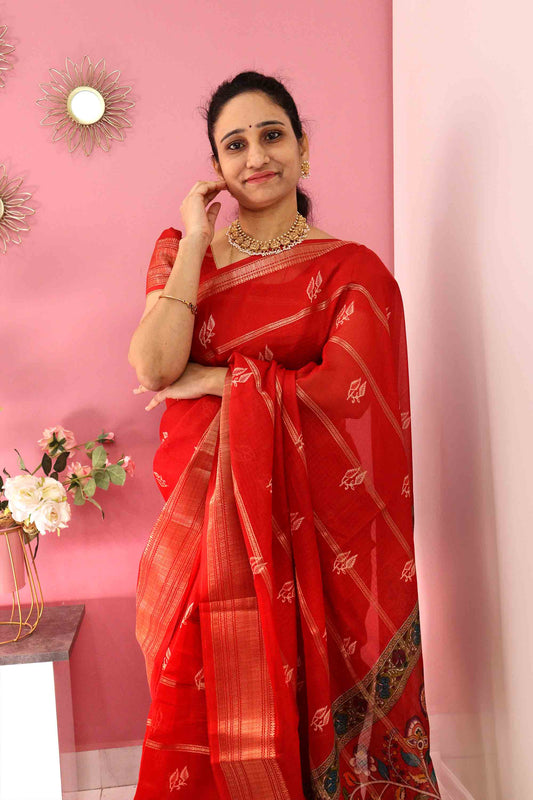 DC111 | Fancy Silk Saree with Gold Zari Weaving, Kalamkari Hamsa Print & Rich Zari Pallu | Running Blouse