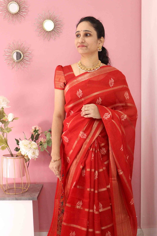 DC111 | Fancy Silk Saree with Gold Zari Weaving, Kalamkari Hamsa Print & Rich Zari Pallu | Running Blouse