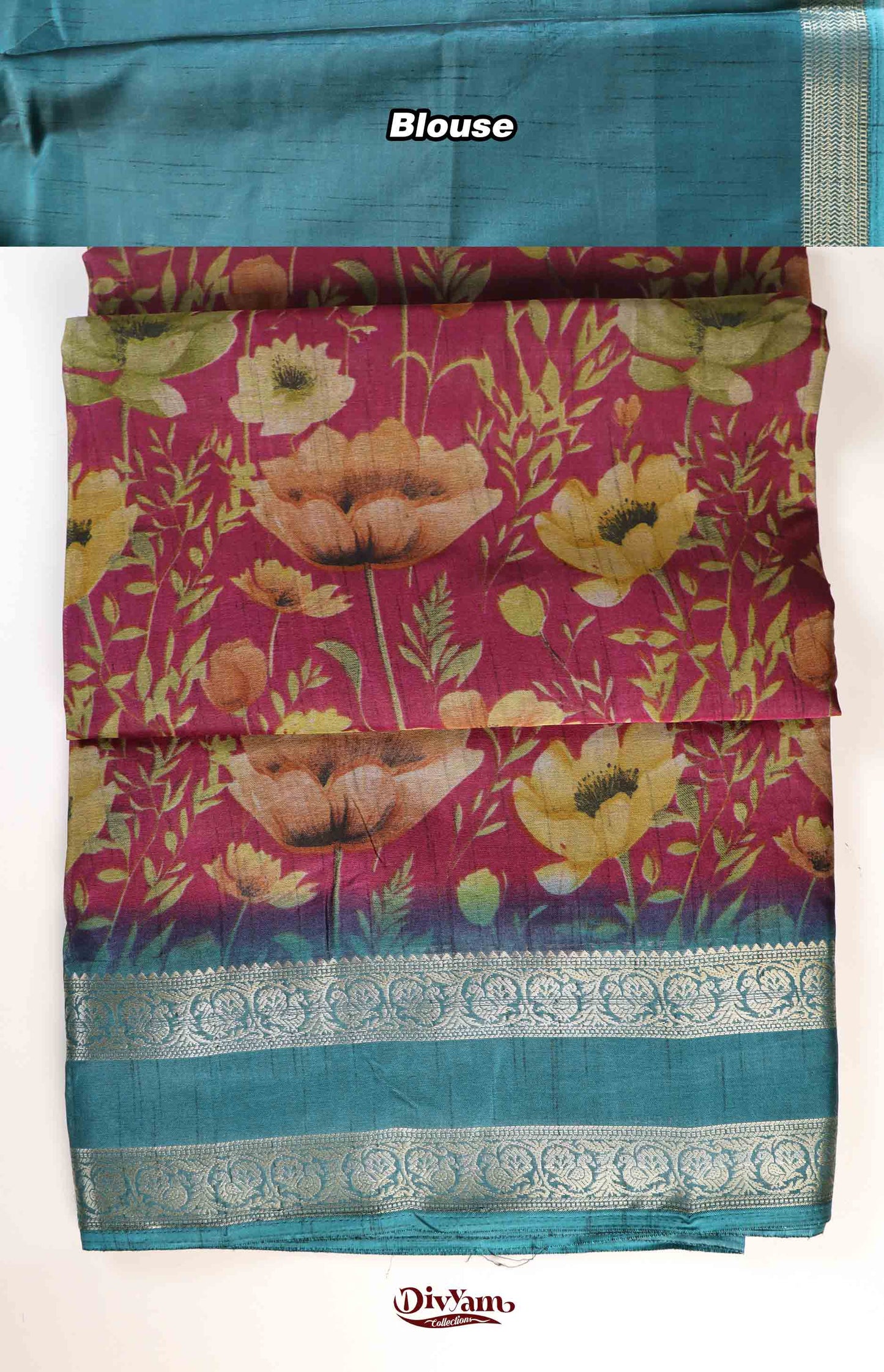 DC215 | Fancy Soft Silk Saree with Floral Print & Gap Border