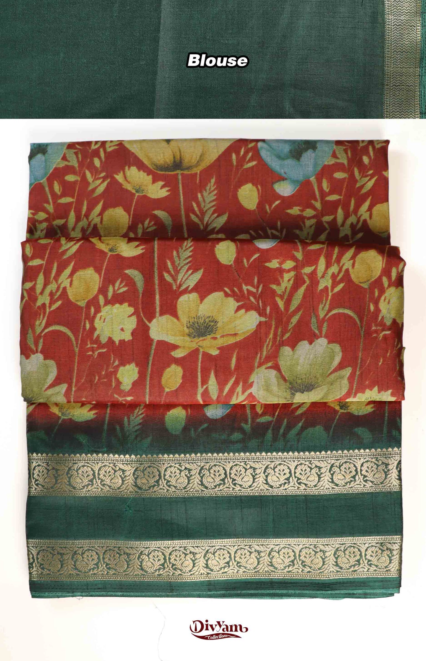 DC215 | Fancy Soft Silk Saree with Floral Print & Gap Border