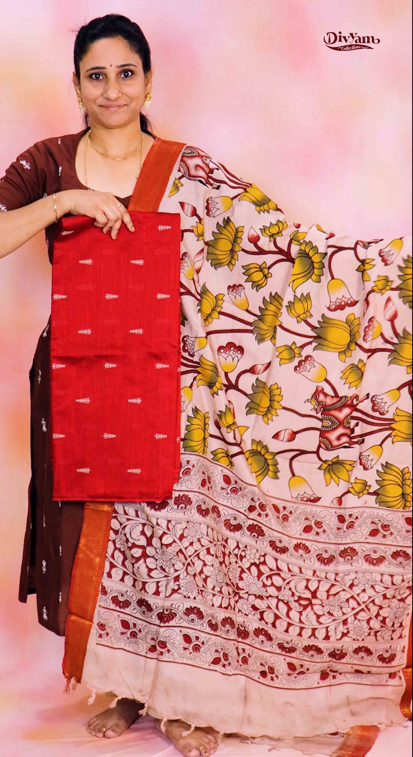 DC237 | Raw Silk Dress Material with Chennuri Silk Kalamkari Dupatta & Original Nizam Border