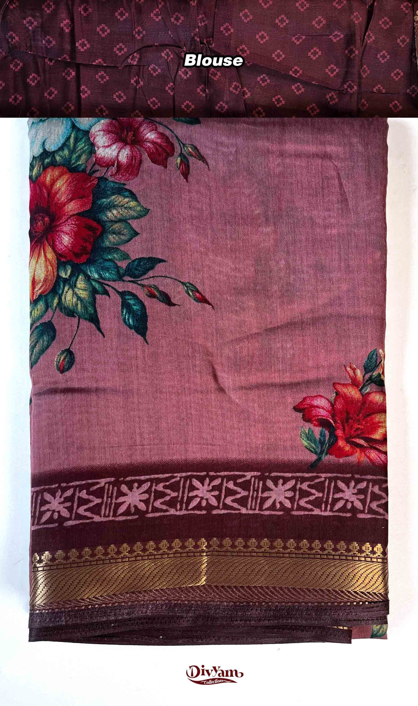 DC192 | Premium Maheshwari Silk Floral Print Saree with Nizampet Border & Contrast Blouse