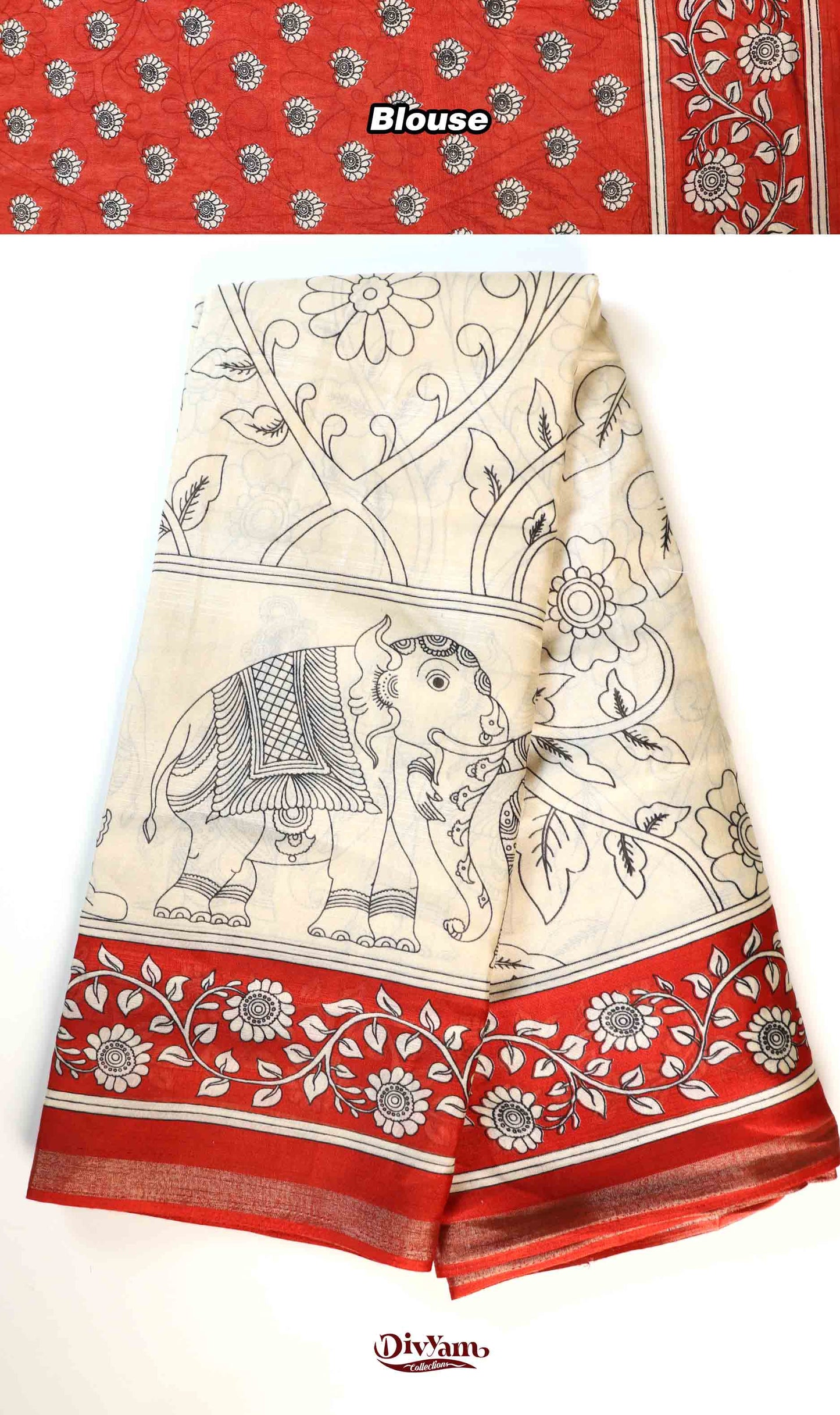 DC208 | Modal Silk Kalamkari Print Saree with Contrast Running Blouse