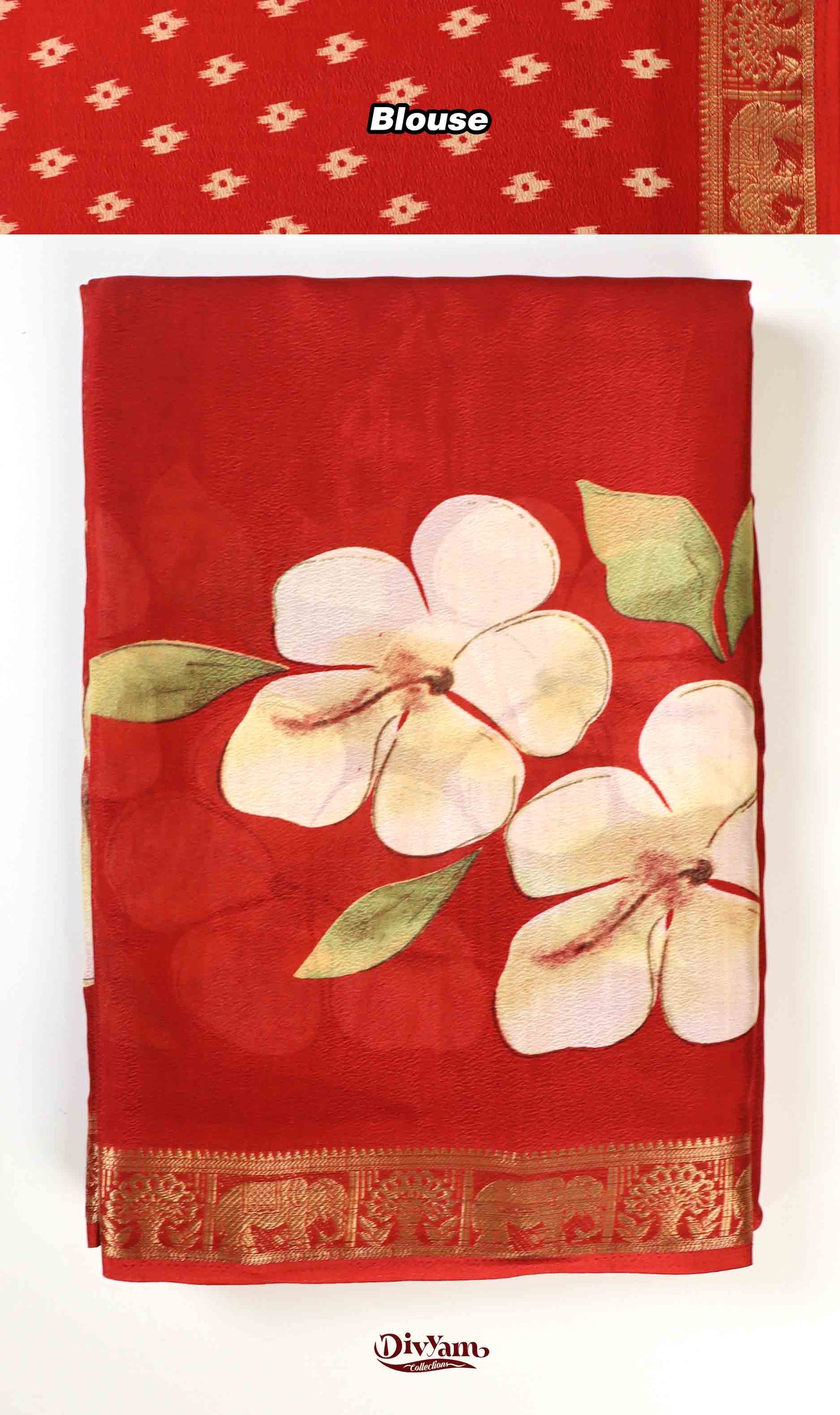DC233 | Crepe Silk Saree with Mangalagiri Floral Digital Print & Piping Zari Border