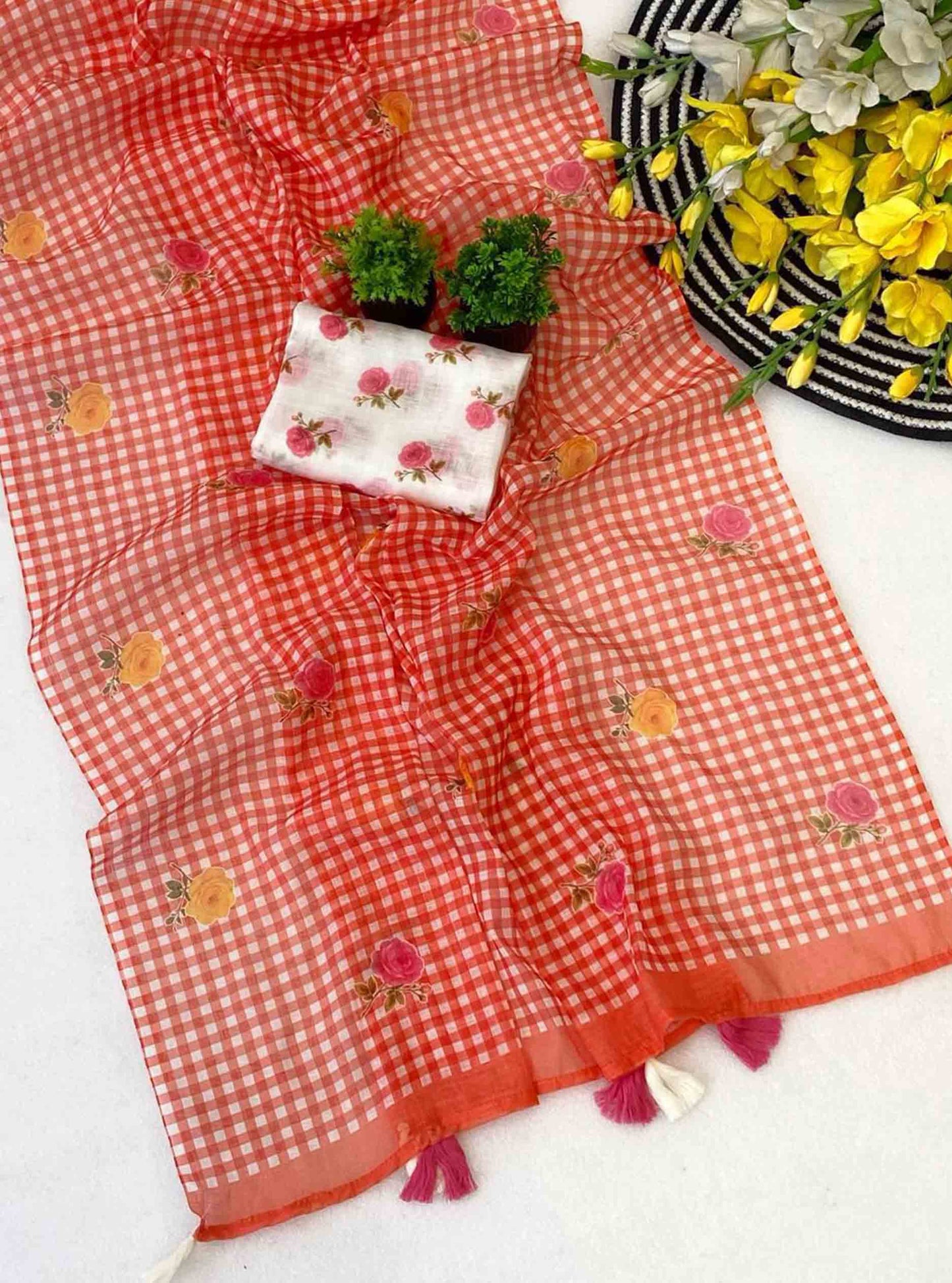 DC178 | Jute Linen Checks Saree with Floral Motifs & Printed White Blouse | Trending Collection