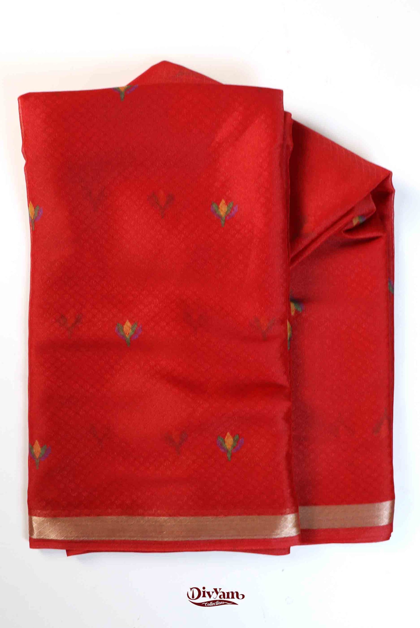 DC207 | Glass Silk Saree with Floral Motifs & Leaf Pallu Design